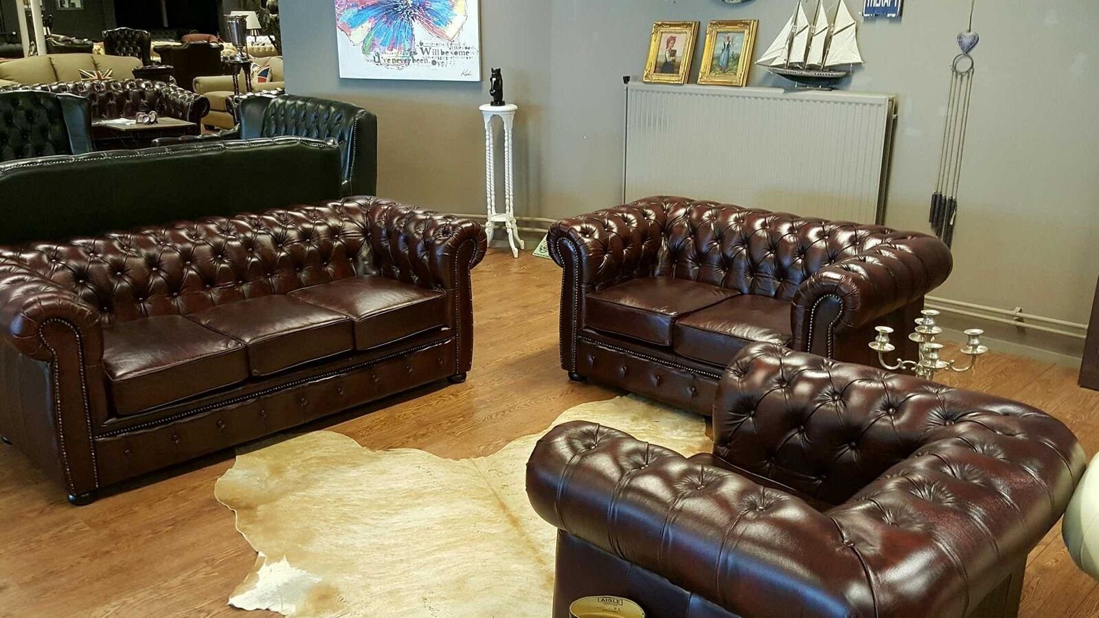 JVmoebel Sofa Chesterfield Sofagarnitur Polster 3+2+1 Ledersofa 100% Leder Sofort