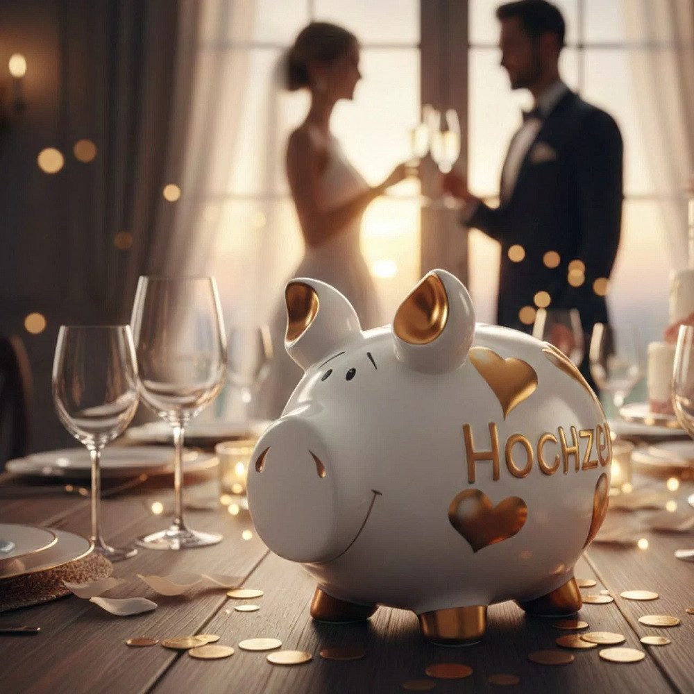 Wurm Spardose Sparschwein 'Hochzeit' weiß gold (B/H/T) 30x25x25cm groß – Bild 2 von 4