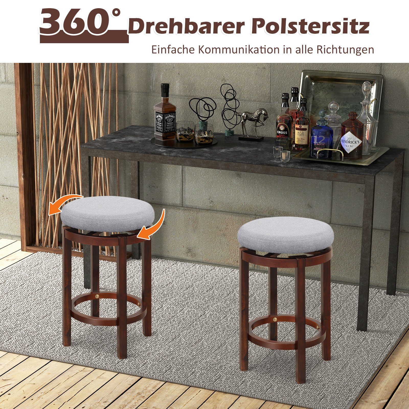 COSTWAY Barhocker, 2er Set, 360° drehbar, gepolstert, Sitzhöhe 66cm, 180kg