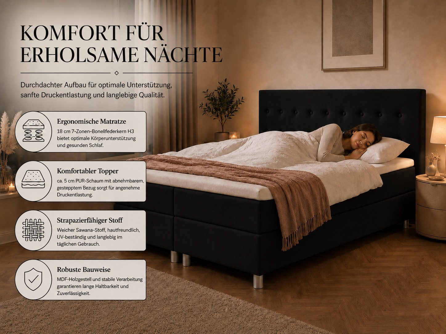 Best for Home Boxspringbett mit gepolstertem Kopfteil, komfortabler Bonnell-Matratze & 5 cm Topper (Boxspringbett-Set mit Matratze und Topper, 1-St., 90x200 120 – Bild 5 von 5