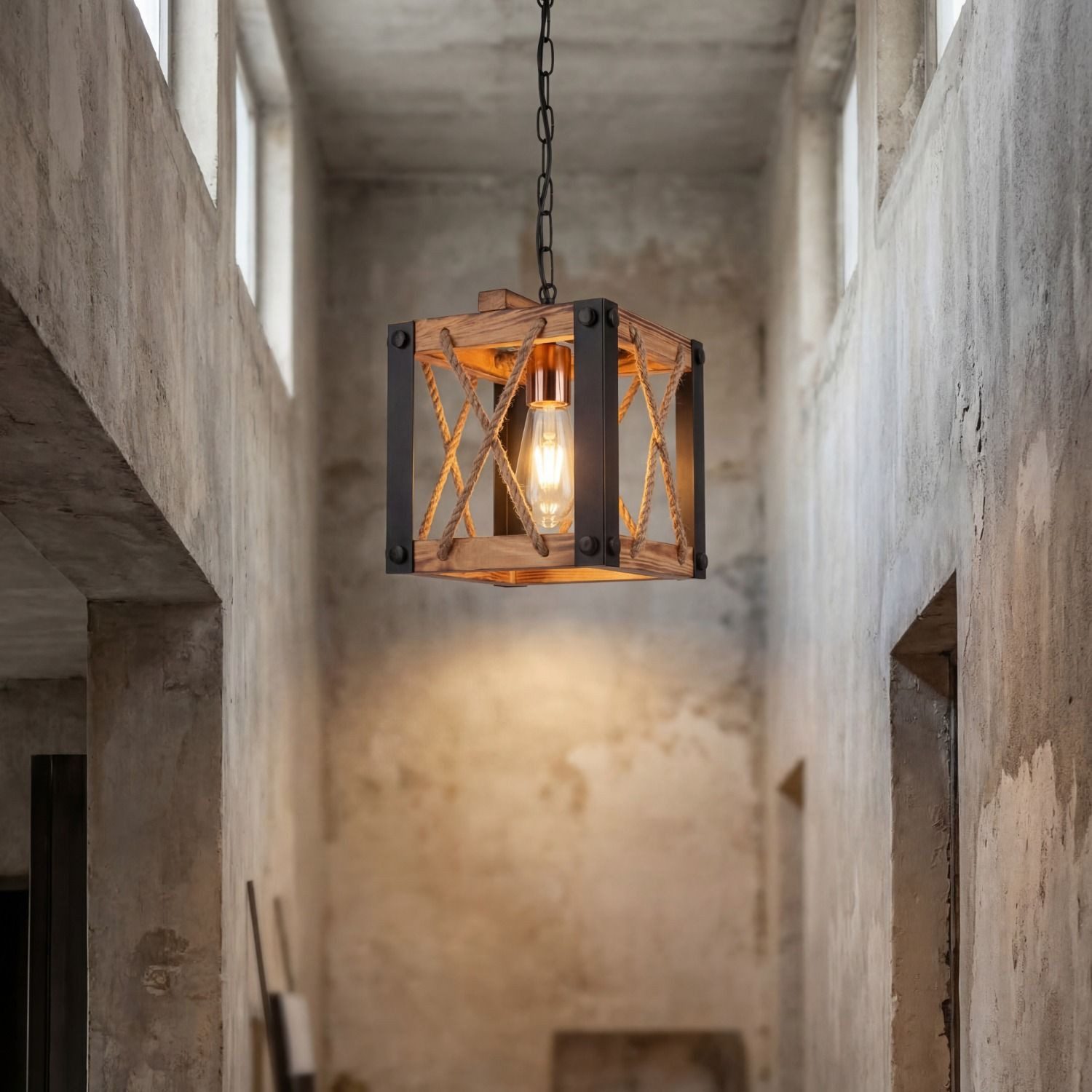 Licht-Erlebnisse Pendelleuchte SELMAR, ohne Leuchtmittel, Rustikal Metall geflammtes Holz 20 cm breit H: max. 85 cm für E27