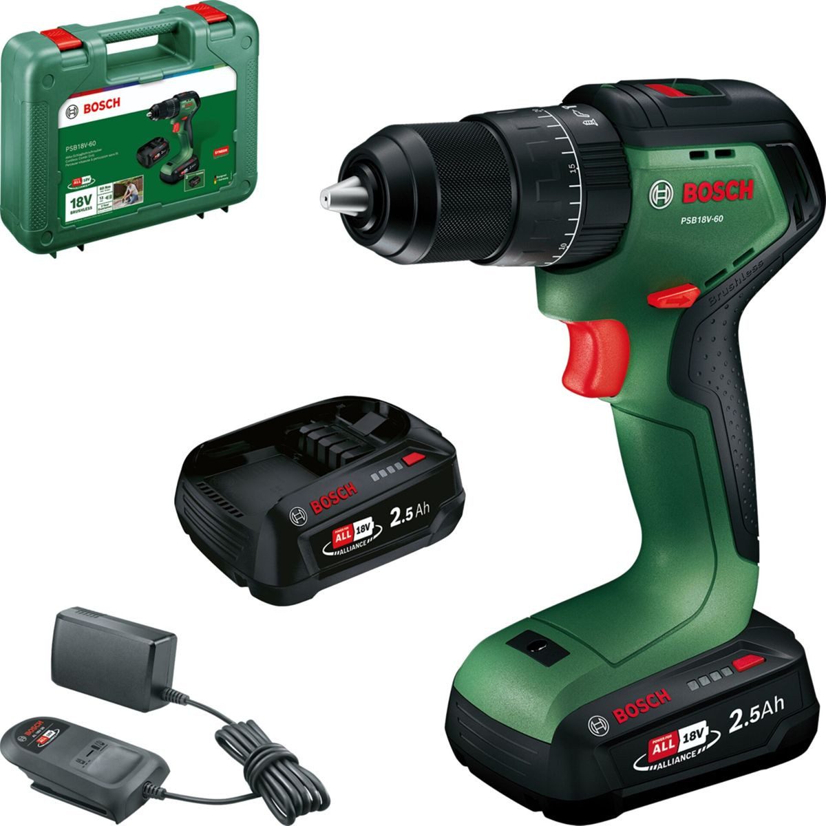 BOSCH Bohrschrauber PSB18V-60 (2x2,5Ah, CC) Akku-Schlagbohrschrauber