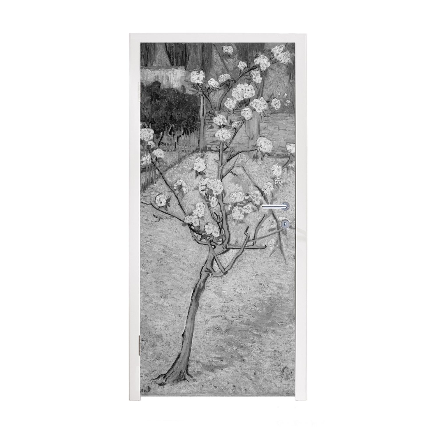 MuchoWow Türtapete Birnbaum in Blüte - Vincent van Gogh - Schwarz und weiß, Matt, bedruckt, (1 St), Fototapete für Tür, Türaufkleber, 75x205 cm