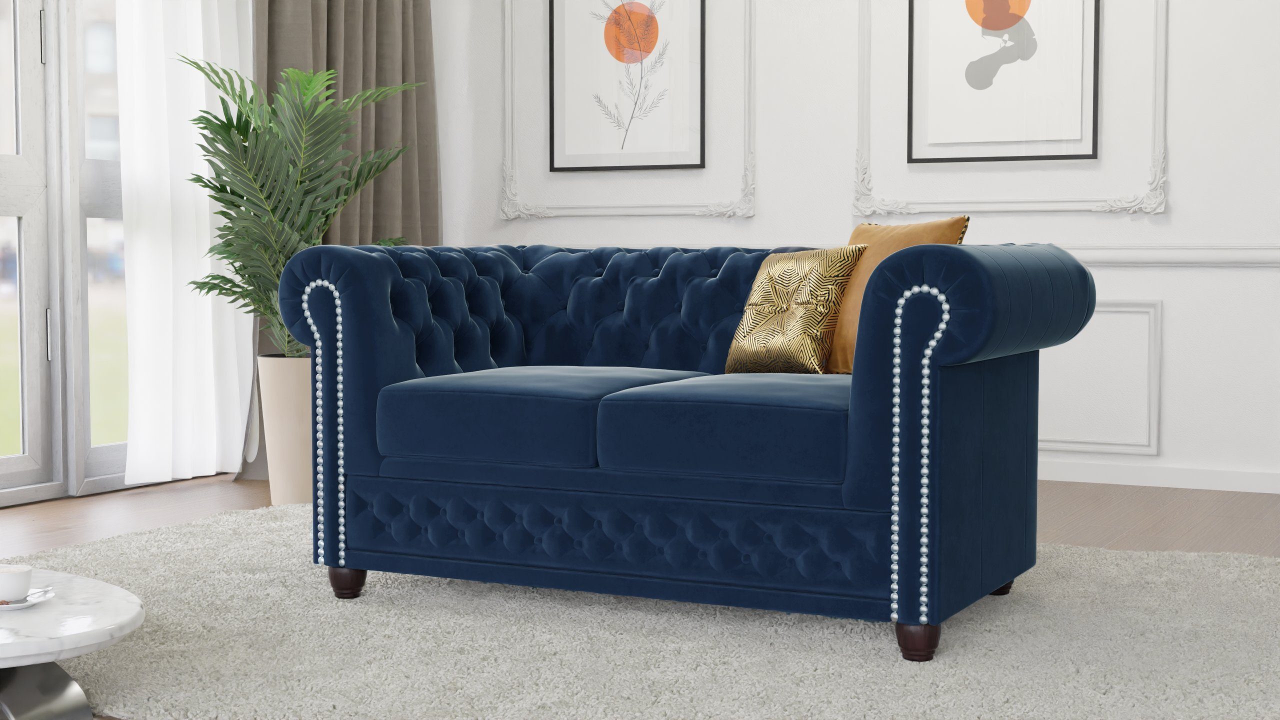 S-Style Möbel Chesterfield-Sofa Chesterfield Lena 2 sitzer mit Schlaffunktion aus Samt-Stoff, 2-Sitzer mit Schlaffunktion, mit Wellenfederung