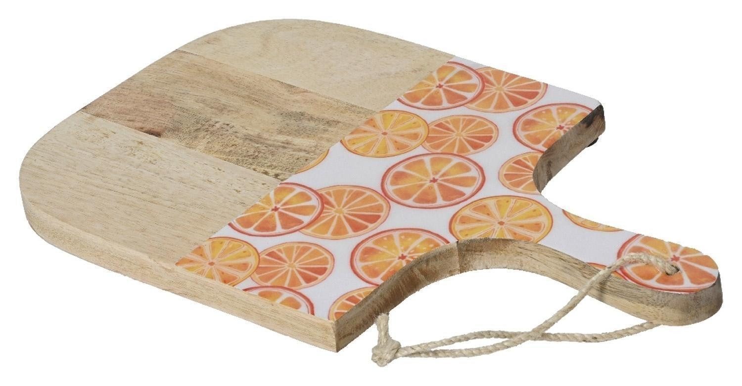 Kaemingk Tablett Dekobrett ORANJE, 38,5 x 24 cm, Braun, mit Griff, Mangoholz, mit Orangen in weiß und orange verziert