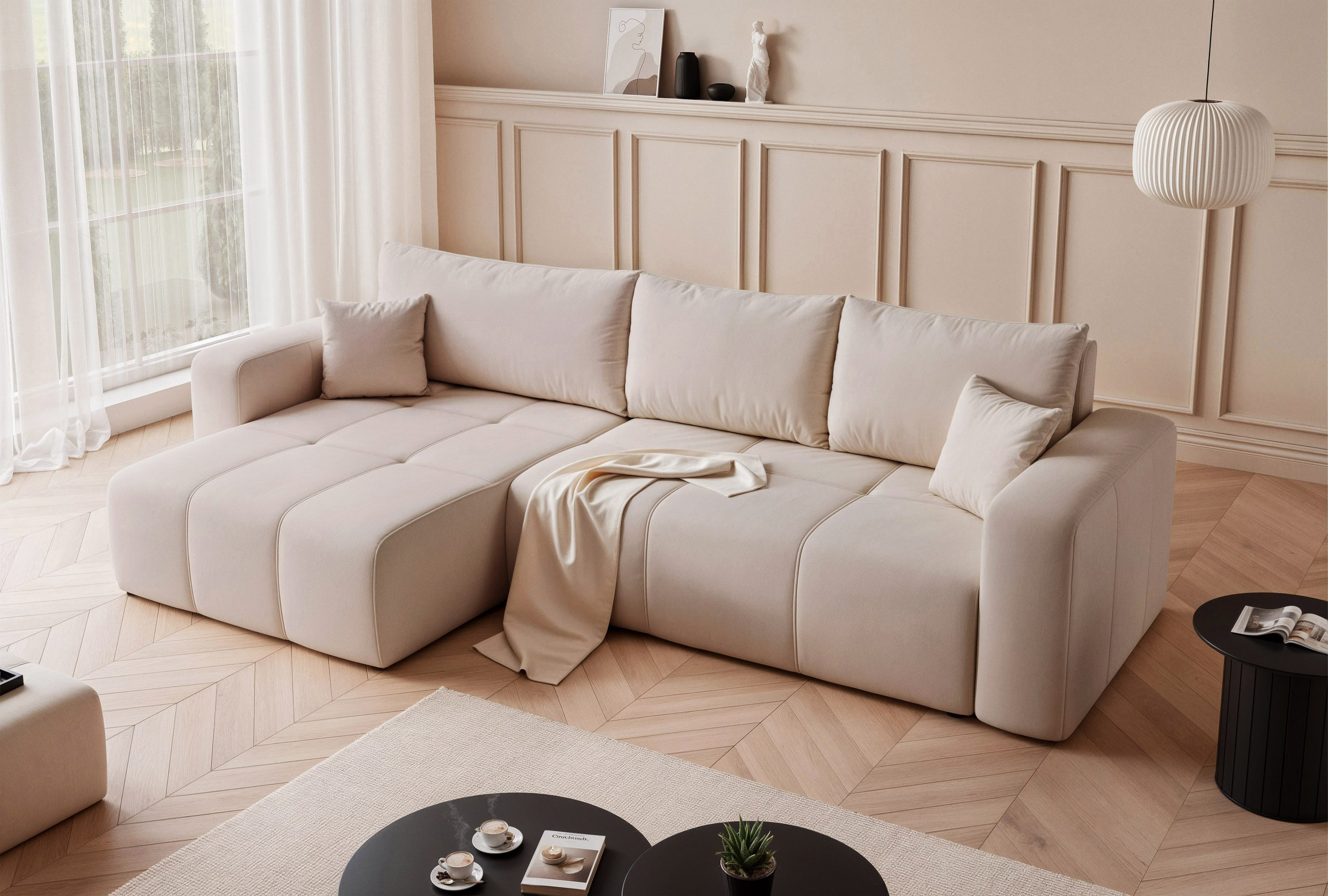 Design Möbel Ecksofa Ecksofa PEDRO XL mit Schlaffunktion Bettkasten Universal 278 cm