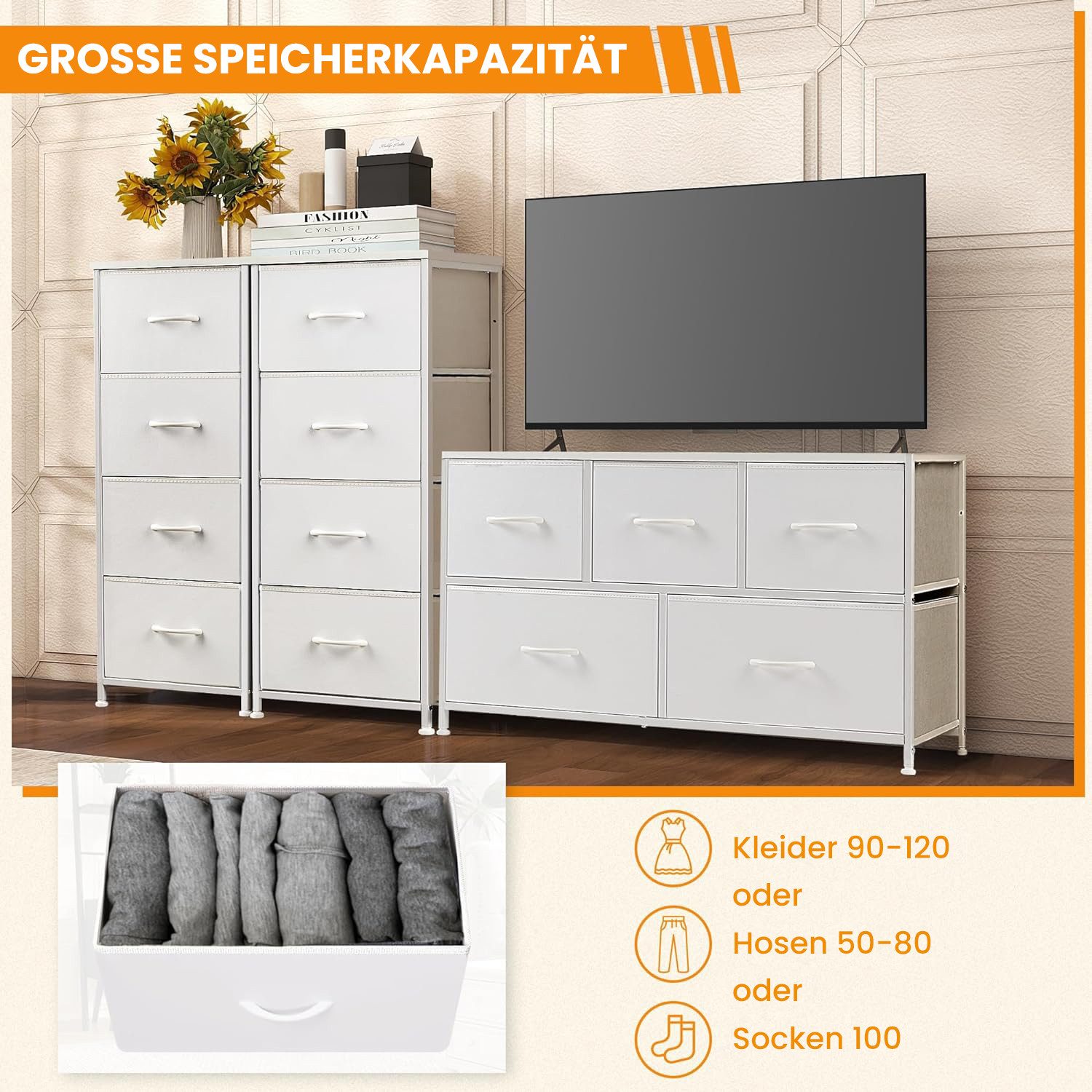 DUMOS Stauraumschrank Kommode mit Stoffschubladen, Stoffkommode für Schlafzimmer Geeignet Schubladenschränke