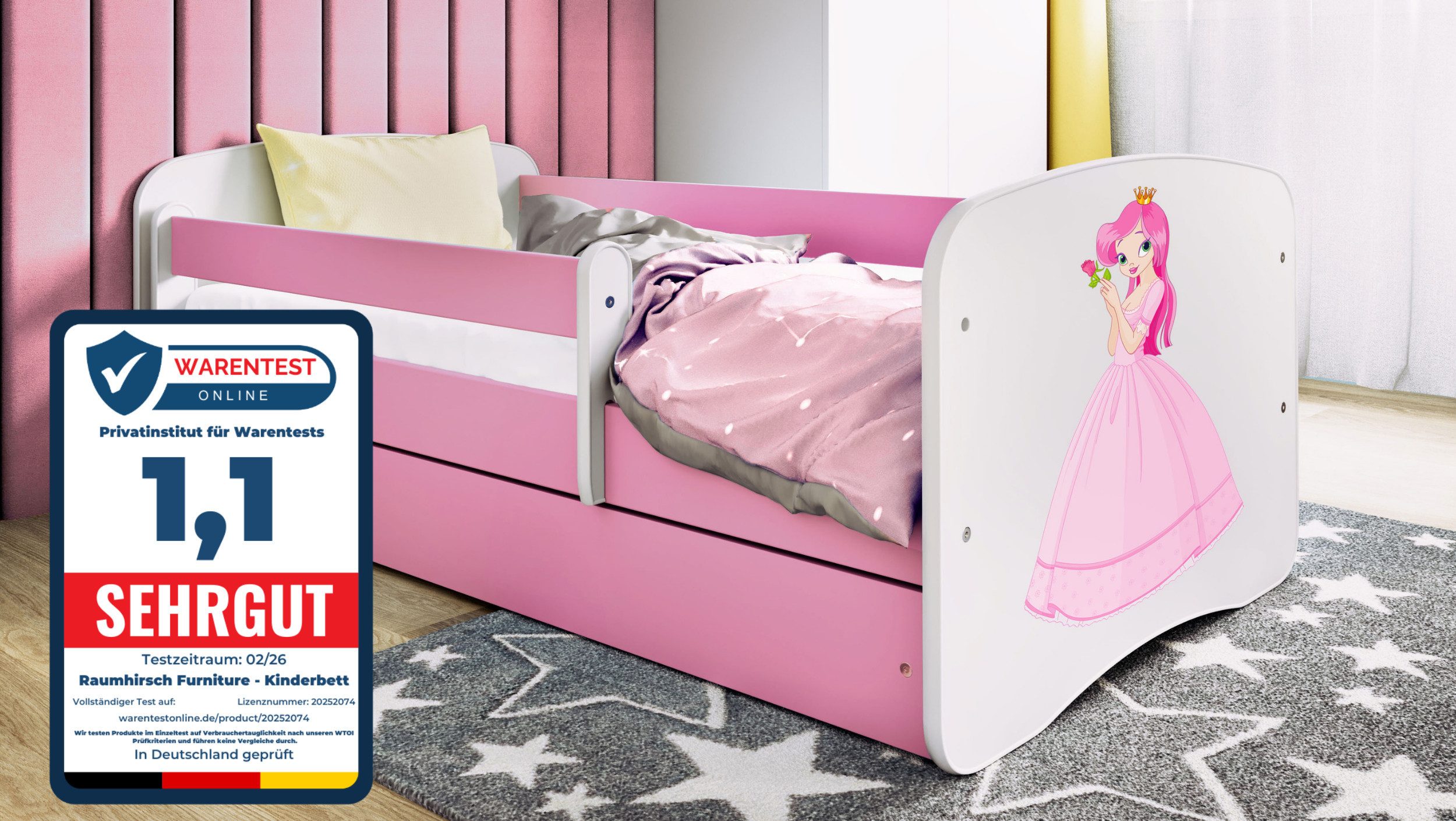 Raumhirsch Furniture Kinderbett 70x140, 80x160, 80x180 cm - Komplettset mit Matratze & Schublade (Bett für Mädchen, Einzelbett Kinder 2–12, mit Rausfallschutz & Lattenrost), verschiedene Farben & Designs