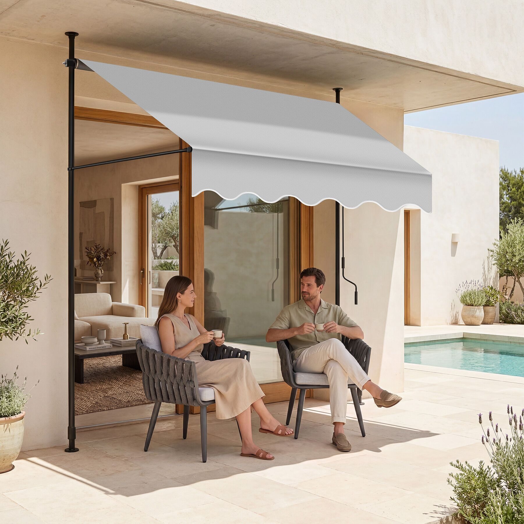 tectake Klemm-Senkrechtmarkise Klemmmarkise mit Handkurbel und bis 90° neigbar, UV-beständig (Sichtschutz/Sonnenschutz, Balkonmarkise für Terrasse und Garten, in hellgrau mit UV-Schutz 50) 180 x 150 x 304 cm, höhenverstellbar 211 - 304 cm, wasserabweisend