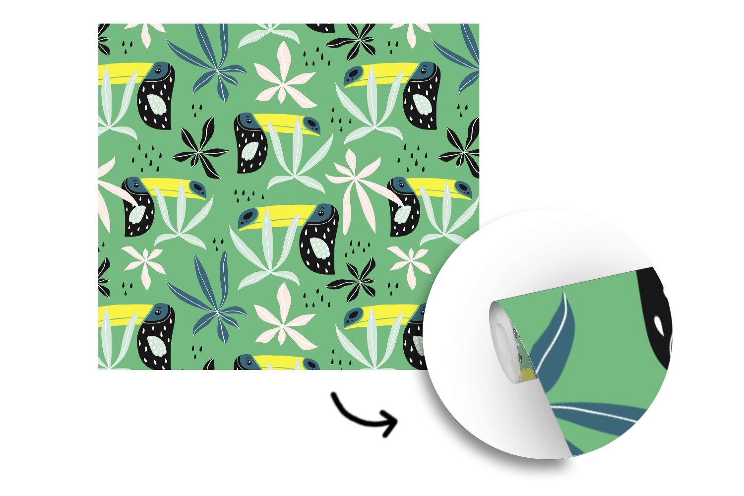 Schlafzimmer, Grün, Pflanzen - Vinyl St), (5 bedruckt, für MuchoWow Fototapete Tukan oder Wohnzimmer Tapete Wandtapete Matt, -