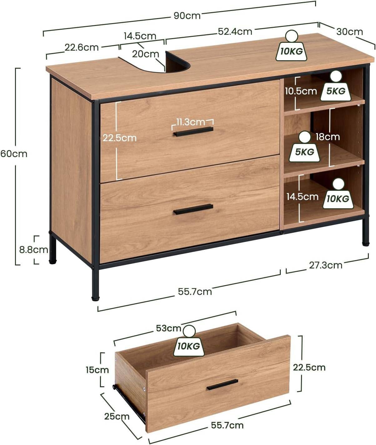 EUGAD Waschbeckenunterschrank (1-St) Badezimmerschrank mit 2 Schubladen 3 offenen Fächern