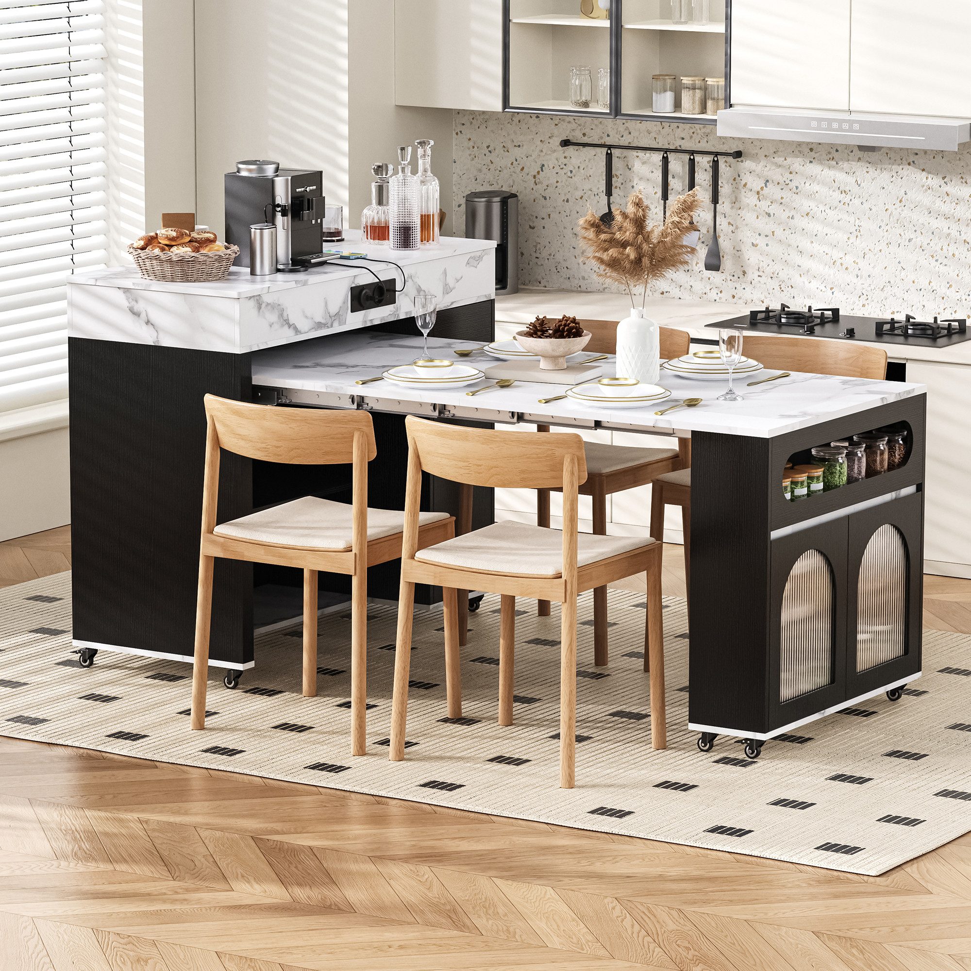 OUTMAX Kücheninsel mit Rollen, Ausziehbarer Esstisch mit Steckdosenleisten und Schublade, (Set), 50.5 ~ 187.5 × 110.5 × 95.5 cm