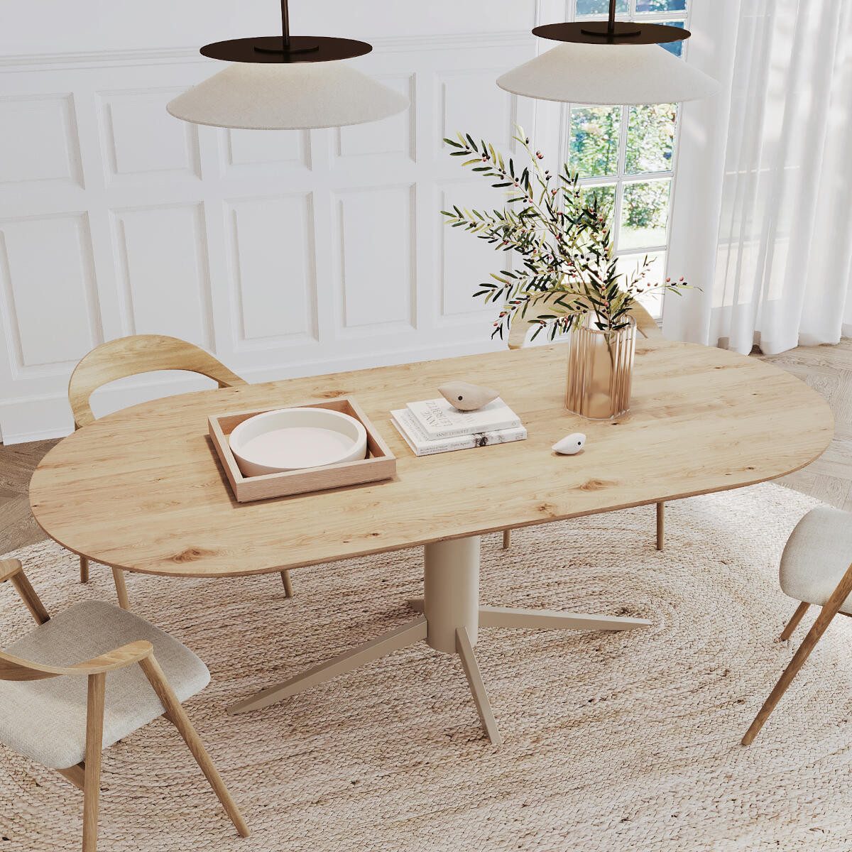 Rellgo Esstisch aus Eiche, Massivholztisch Lykke, Stahlgestell – Skandinavisch, Hergestellt in Deutschland - 4-Bein-Gestell beige - Geölte Wildeiche