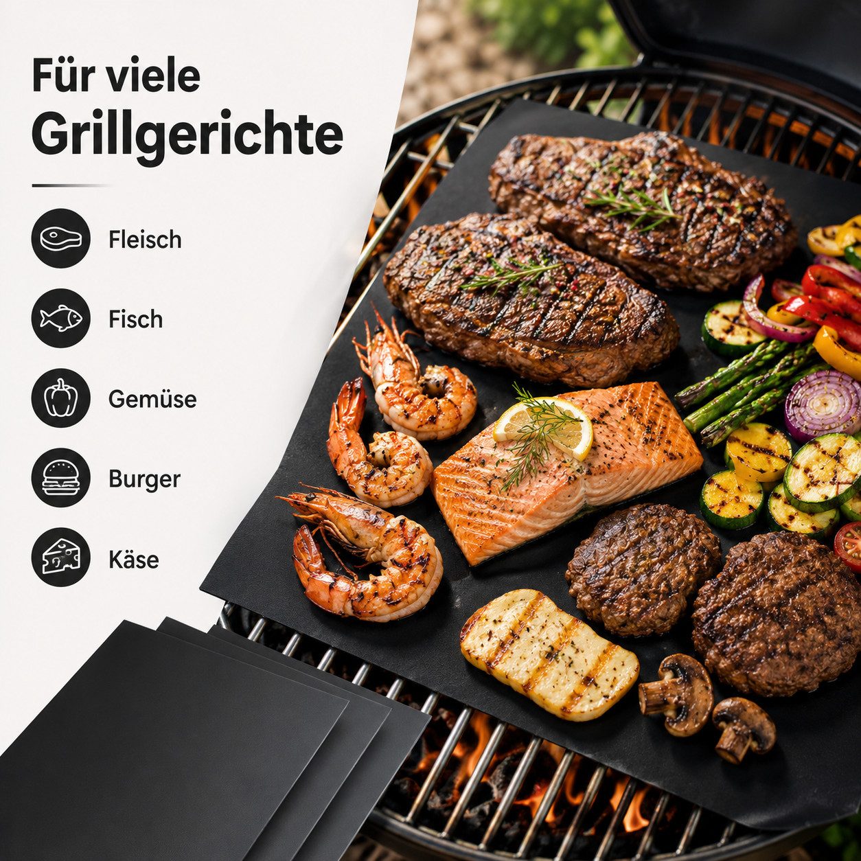 BBQROX Grillplatte [Vergleichssieger 2025] Grillmatte, Grillunterlage, 3er Set