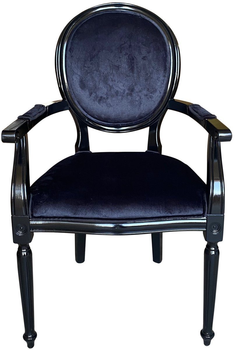 Casa Padrino Esszimmerstuhl Luxus Barock Esszimmer Stuhl Schwarz / Schwarz - Handgefertigter Antik Stil Stuhl mit Armlehnen und edlem Samtstoff - Esszimmer Möbel im Barockstil
