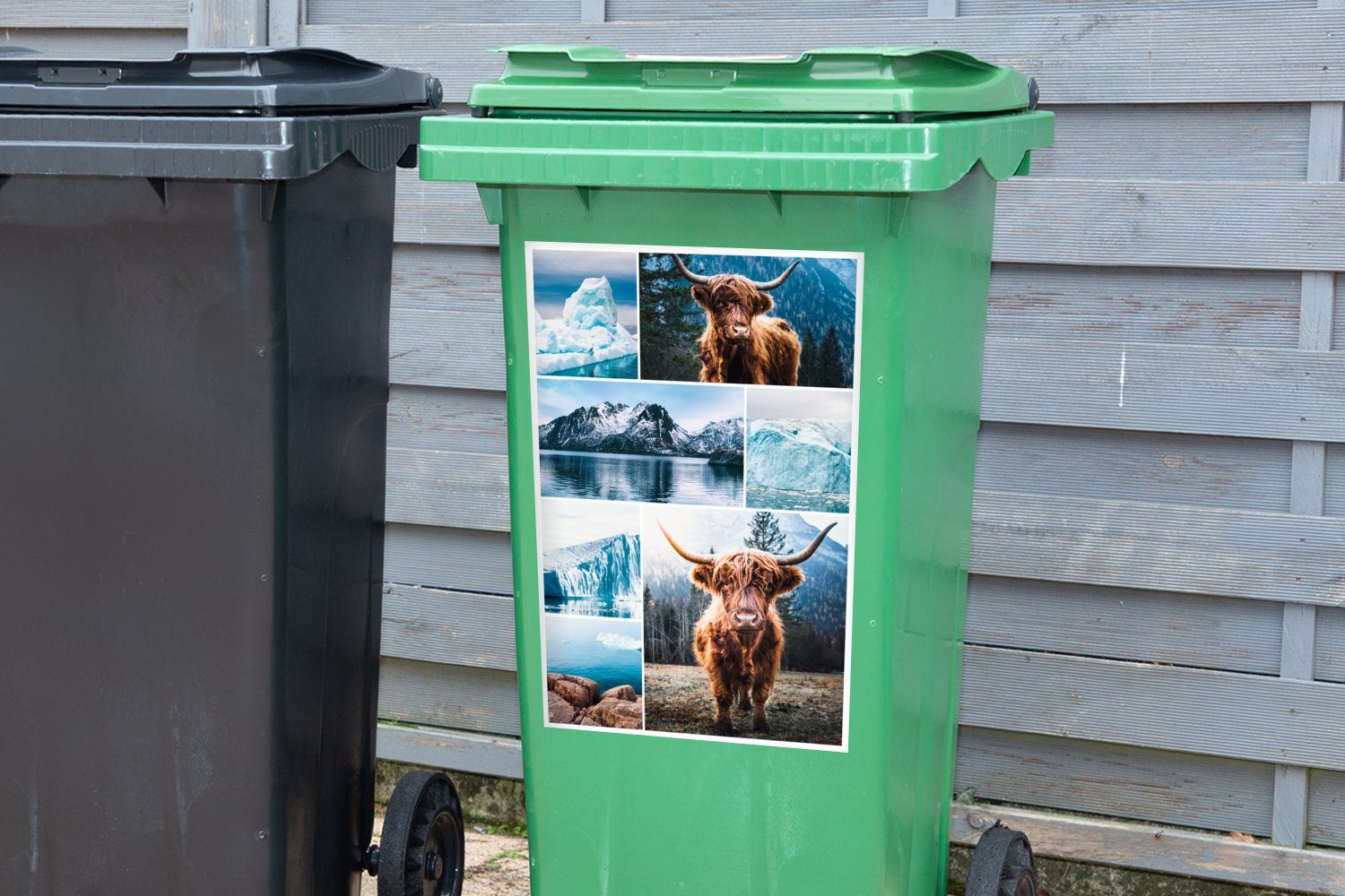 MuchoWow Wandsticker Schottischer Highlander - Collage Container, Mülleimer-aufkleber, - (1 Mülltonne, Sticker, Berg Eiscreme St), Abfalbehälter 