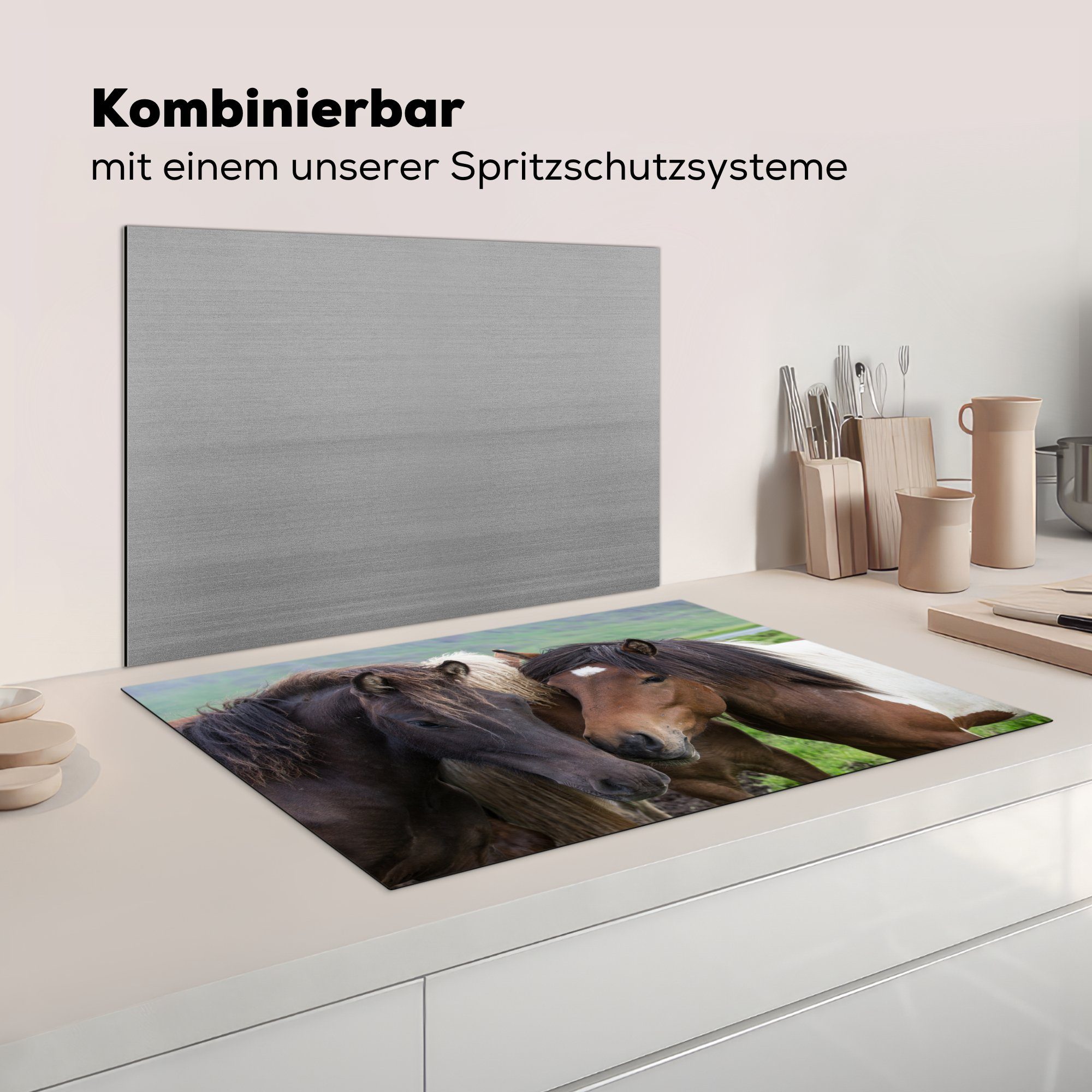 Braun, Herdblende-/Abdeckplatte für Ceranfeldabdeckung - die 81x52 Pferde Vinyl, MuchoWow - cm, Induktionskochfeld Schutz küche, Tiere tlg), (1