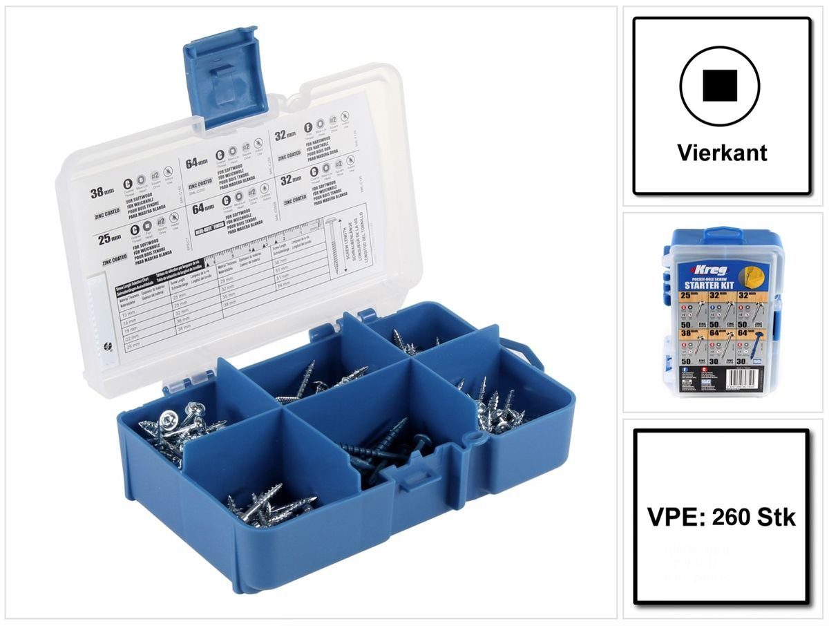 Kreg Schraube Pocket-Hole Schrauben Sortiment 260-teilig (SK04) Vierkantantrieb T