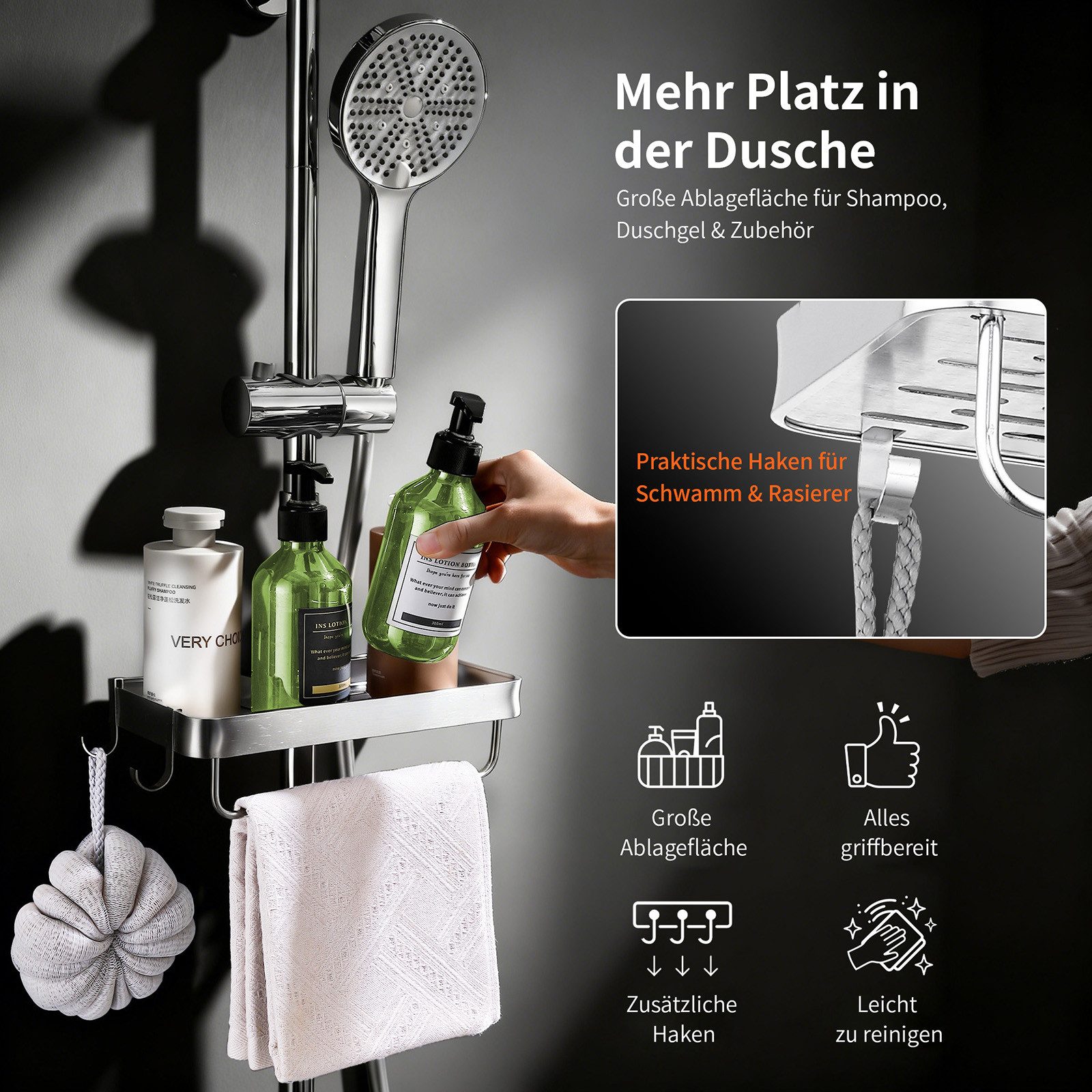 HOMELODY Duschsystem Regendusche 30 cm mit Ablage Handbrause 5 Funktionen Chrom, Duschset Edelstahl Umsteller höhenverstellbar PVC Schlauch ohne Bohren