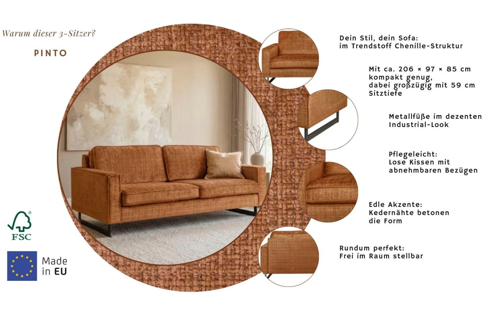 Home affaire 3-Sitzer Pinto, 206 cm, Cord, Chenille, Lederoptik, mit Keder, schwarze Metallfüße, Wellenunterfederung