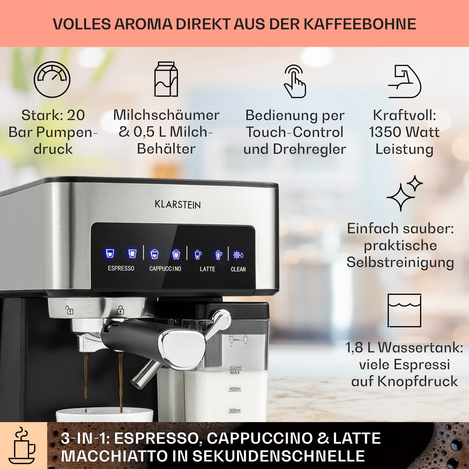 Klarstein Espressomaschine Arabica Comfort, 1.8l Kaffeekanne, Gemahlener  Kaffee und Pads: 2-in-1- Nutzung zum flexiblen Gebrauch