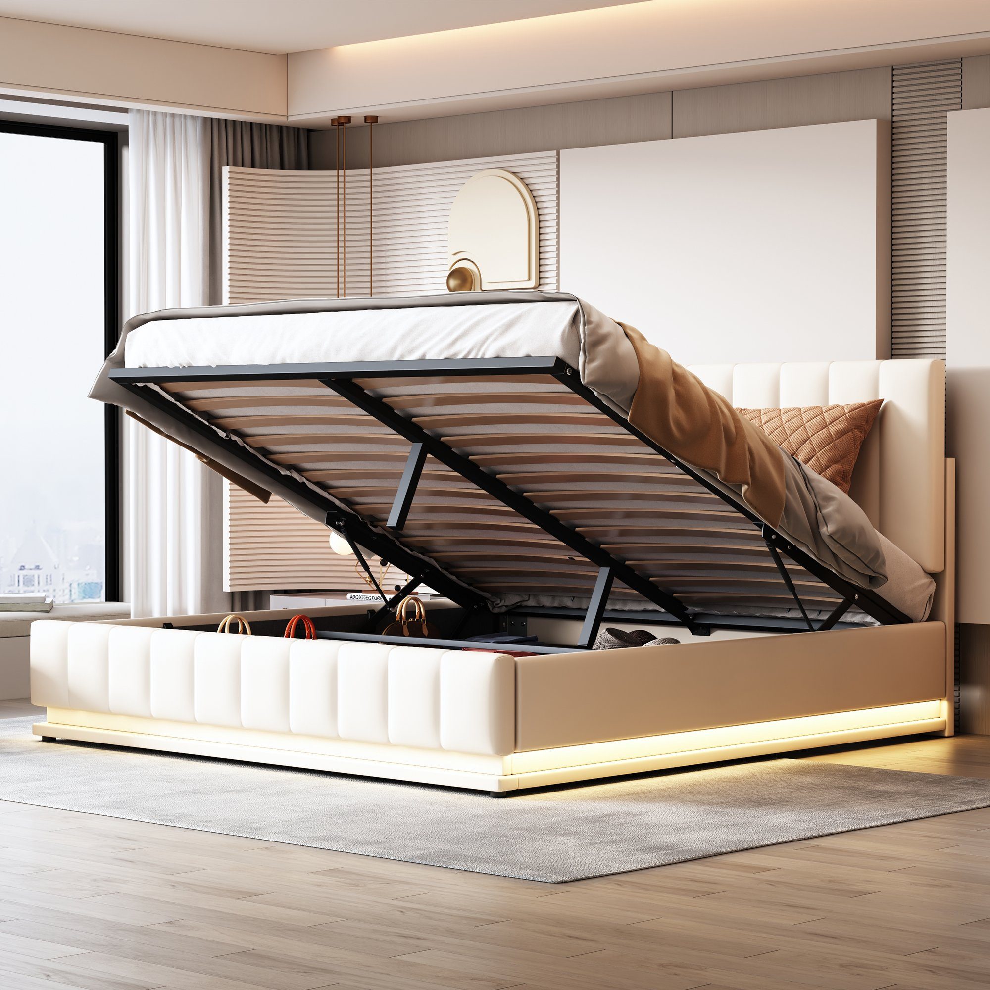 OKWISH Polsterbett Doppelbett (160 x 200 cm mit LED, Metalllattenrost & Bettkasten), mit höheverstellbarem Polsterkopfteil & hydraulischem Stauraum