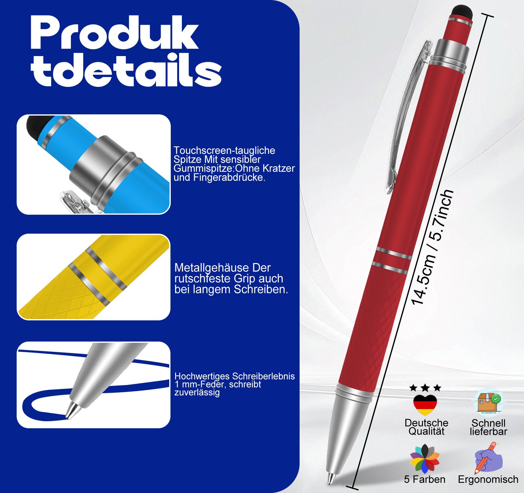 lindahandel Kugelschreiber 2-in-1 Kugelschreiber mit Touchscreen Stift, blaue Mine, (10-tlg), Kugelschreiber für Smartphone & Tablet, Büro & Schule – Bild 2 von 5