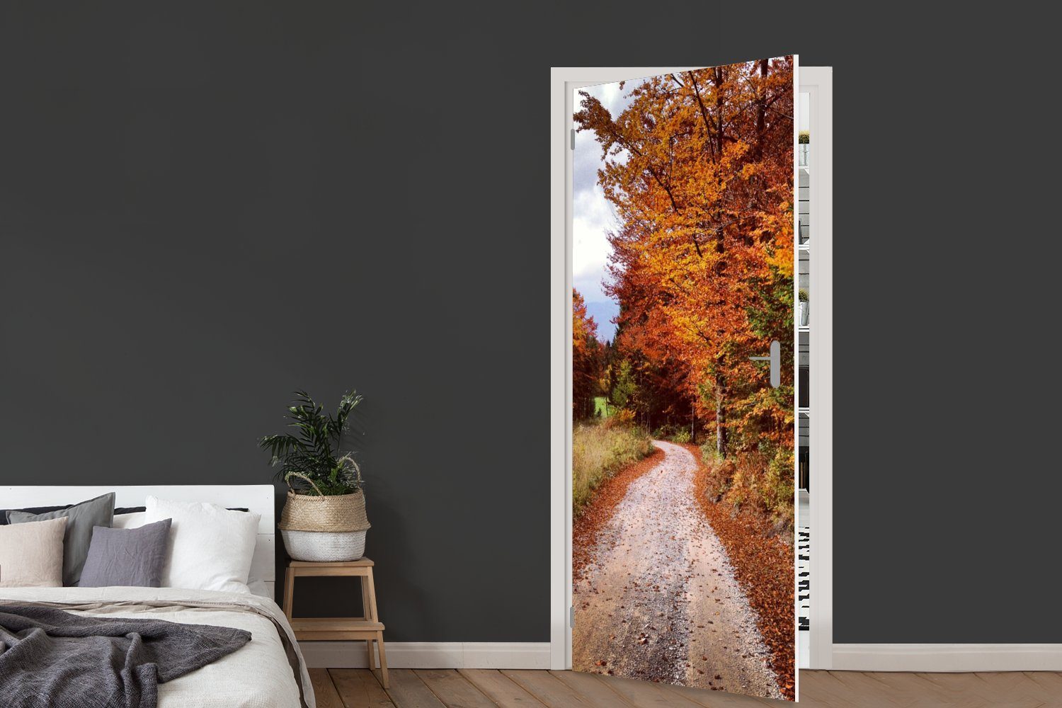 Matt, für (1 Wald, Tür, cm - 75x205 MuchoWow St), bedruckt, - Türaufkleber, Türtapete Herbst Weg Herbstblätter - Fototapete