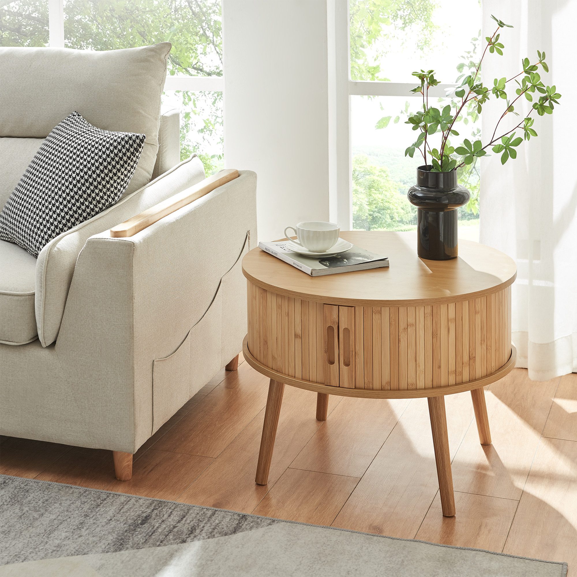 en.casa Nachttisch, »Nordkapp« mit 2 Schiebetüren 45xØ60 cm MDF Bambus Naturfarben