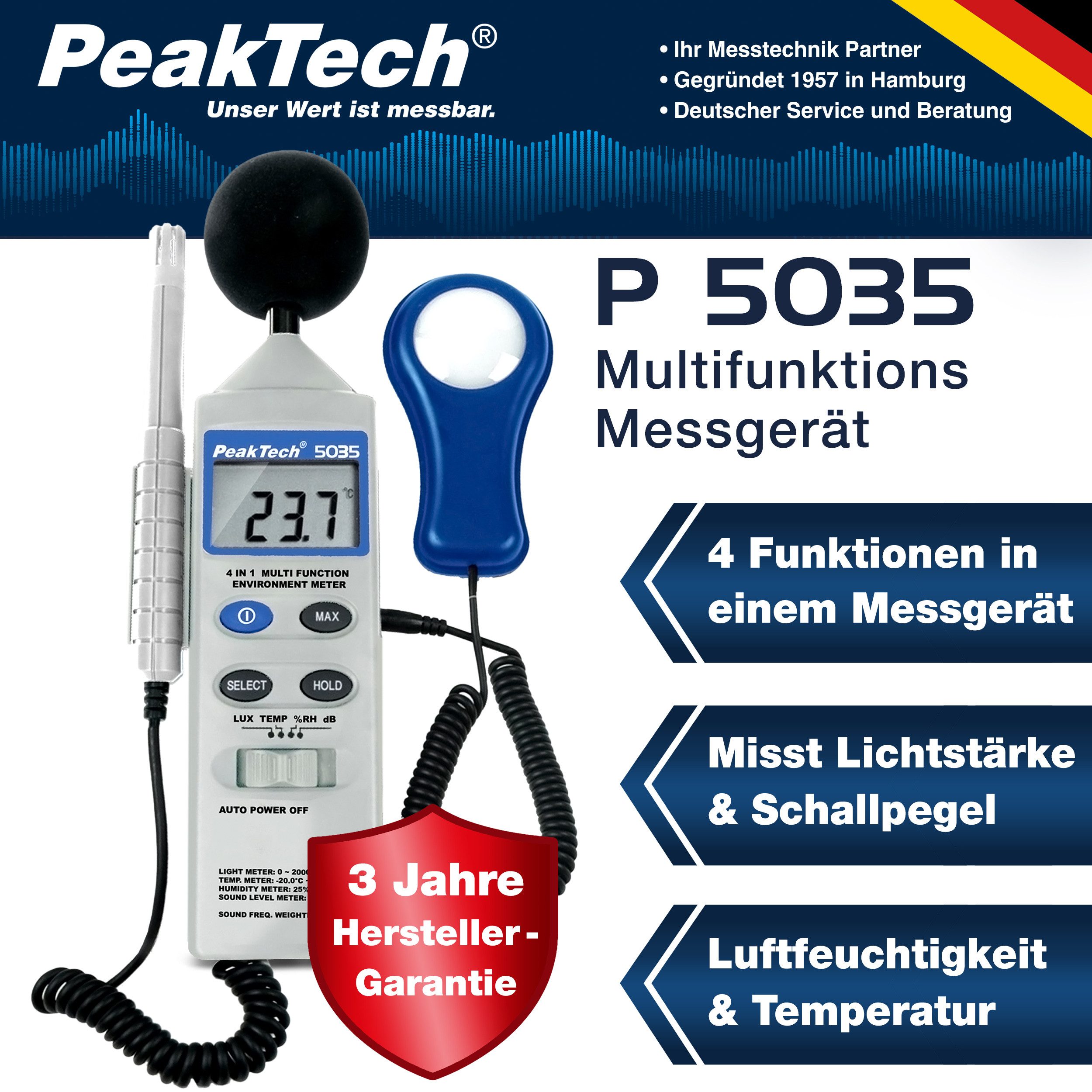 PeakTech Hygrometer 4 in 1 Multifunktions Umweltmessgerät zur Messung