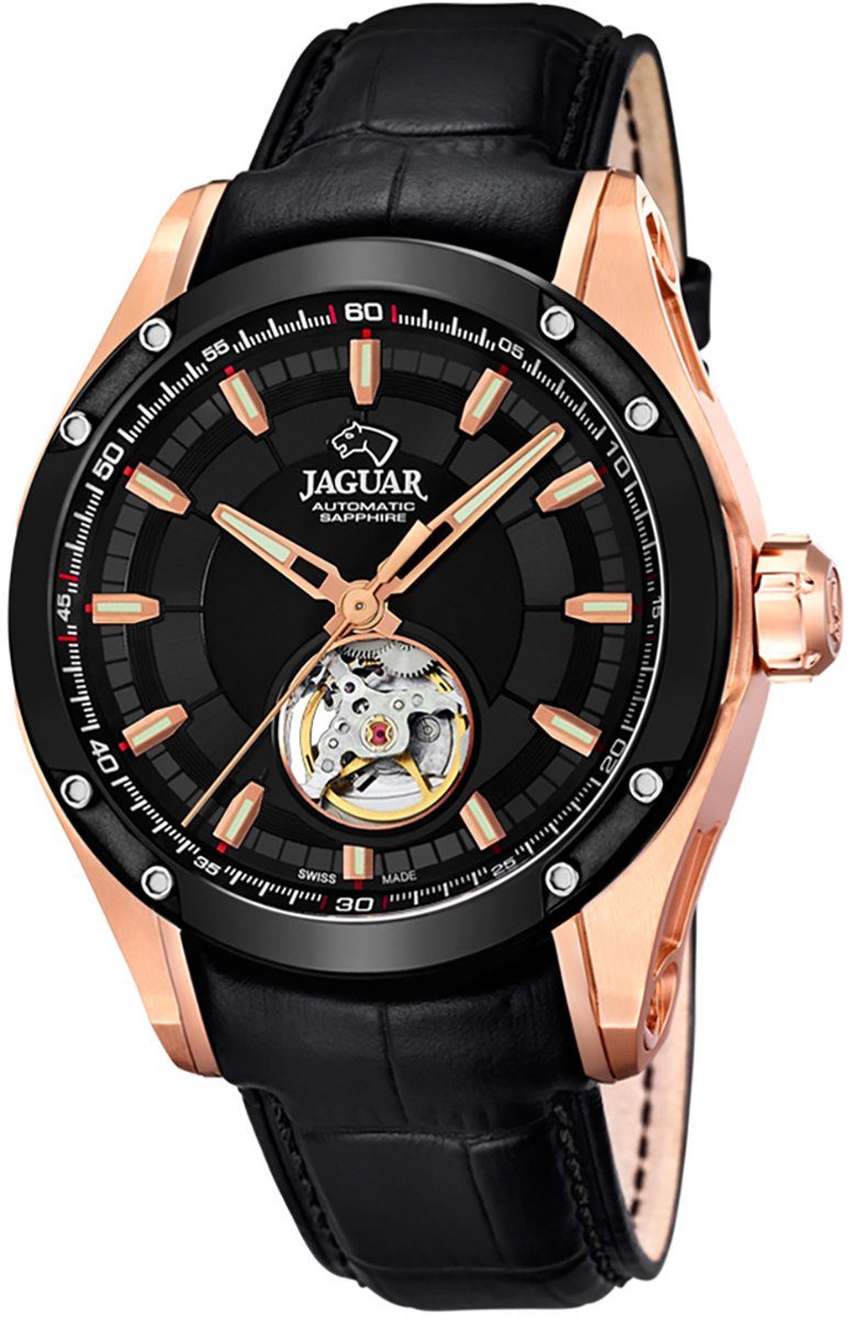 JAGUAR Quarzuhr Jaguar Herren Uhr Automatik J814/A Leder, (Analoguhr), Herren Armbanduhr rund, Lederarmband schwarz, Elegant