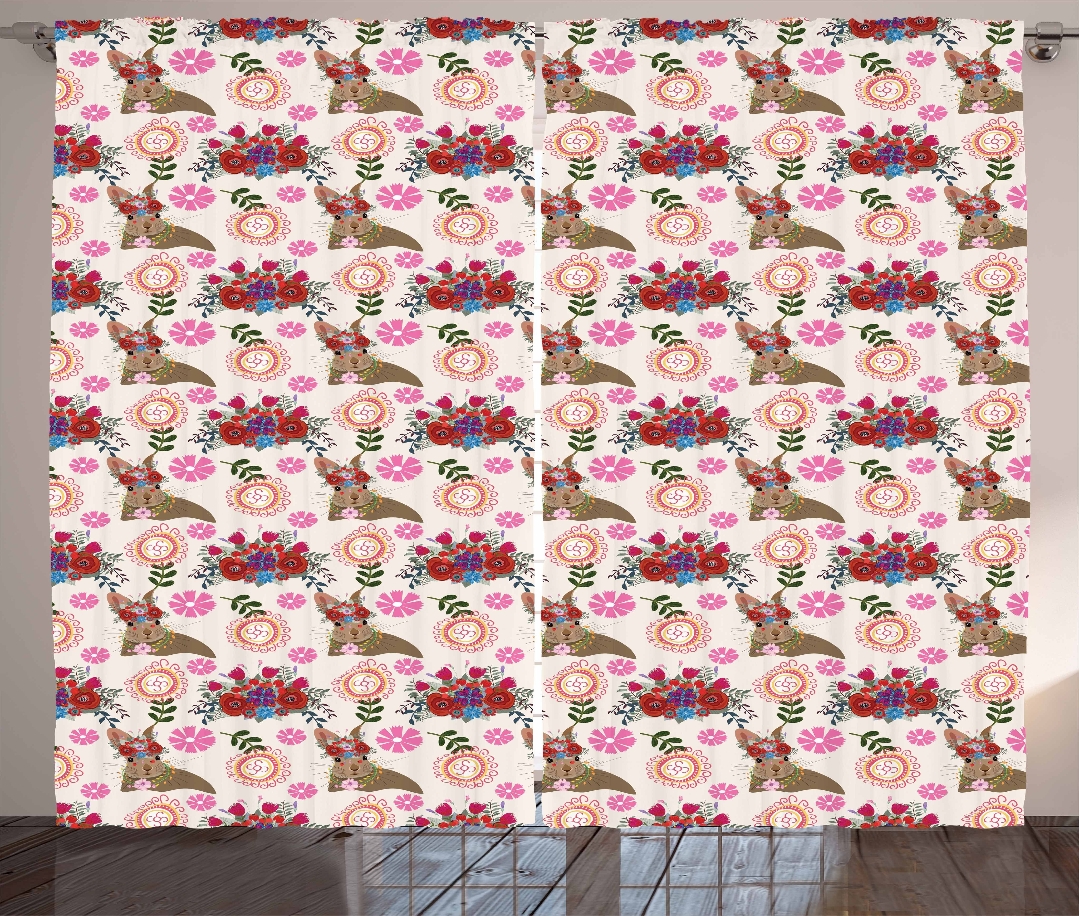 Gardine Schlafzimmer Kräuselband Vorhang mit Schlaufen und Haken, Abakuhaus, Blumen Hase mit Blumenkopfschmuck