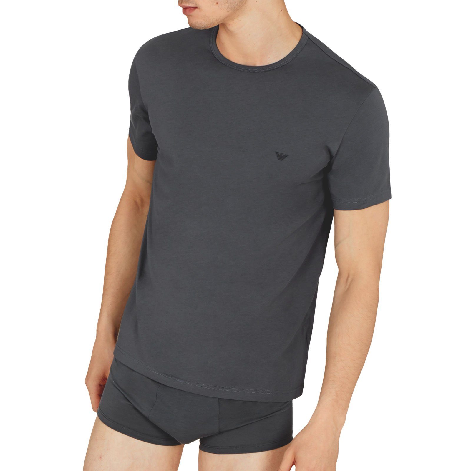 Cotton Armani T-Shirt Rundhalsausschnitt / black Neck 41720 mit T-Shirt Crew Emporio anthracite
