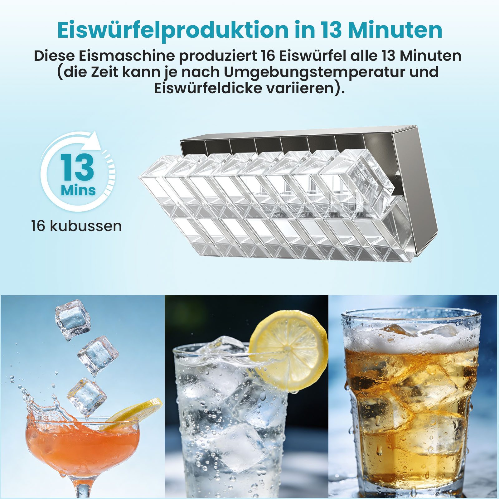 loefme Eiswürfelmaschine mit 1,5L Oberwassertank, 15kg/Tag, 16 Eiswürfel in 13 Minuten, 12 Eisdicken, Selbstreinigung, LED-Display für Zuhause, Küche und Bar