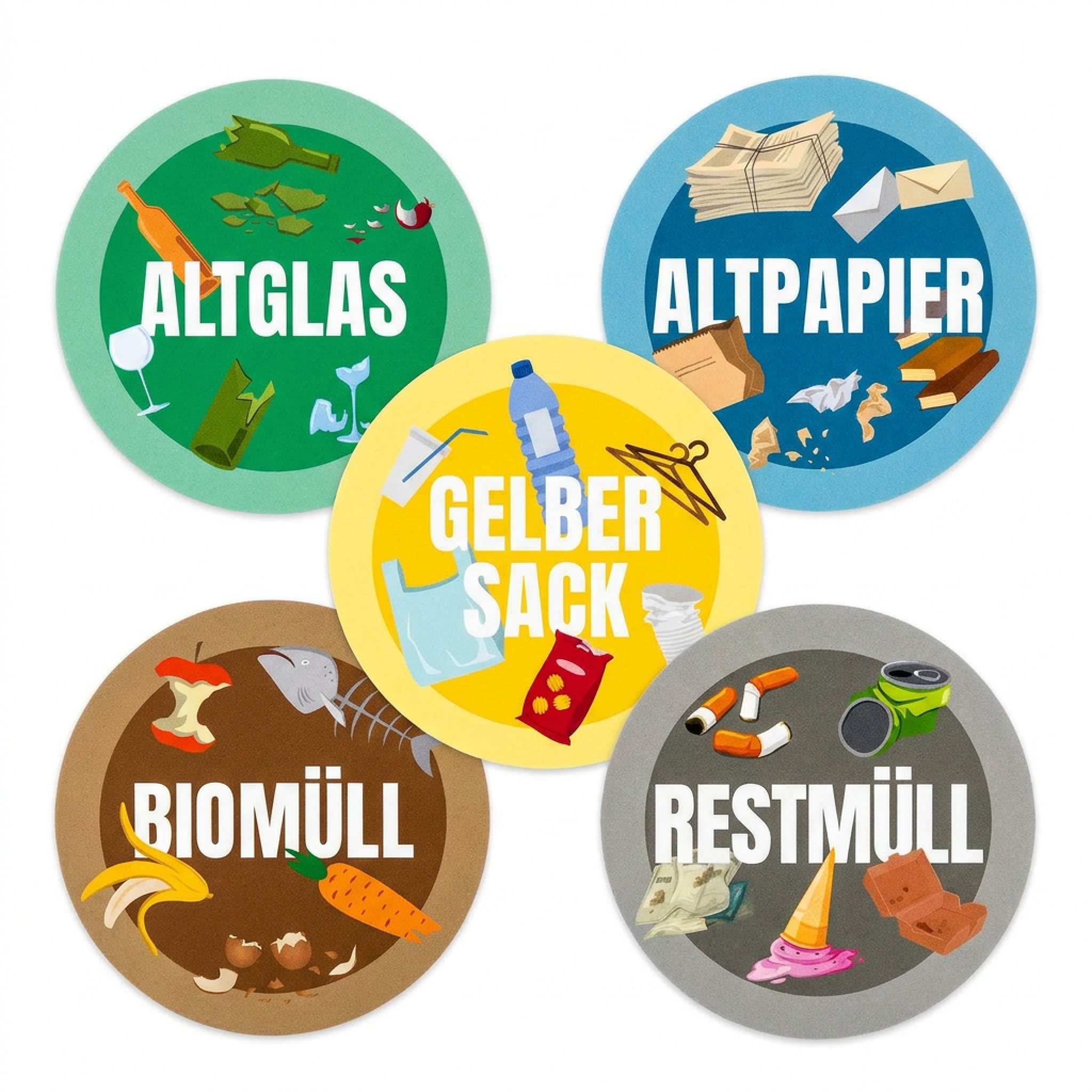 varivendo Etikett 5er Set Aufkleber Etiketten Mülltonne, Gelber Sack Altglas Restmüll Mülltonnenaufkleber Mülltrennung