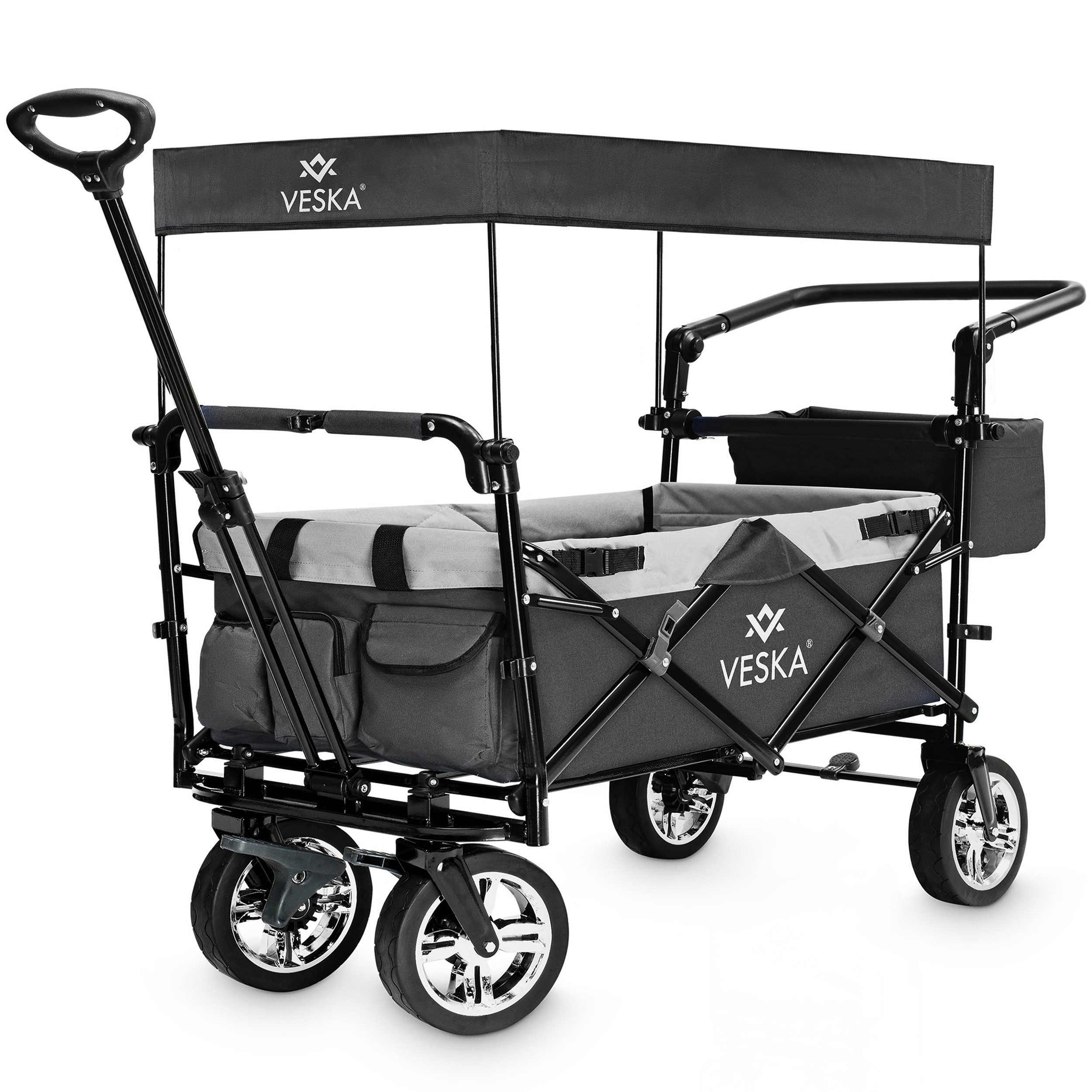 VESKA Bollerwagen faltbar mit Dach Handwagen Transportwagen, 2-Sitzer 3-Punkt Gurtsystem (mit Moskitonetz, Regencover), klappbar, Vollgummi-Reifen, bis 80 kg, Vorder- und Hinter-Bremse