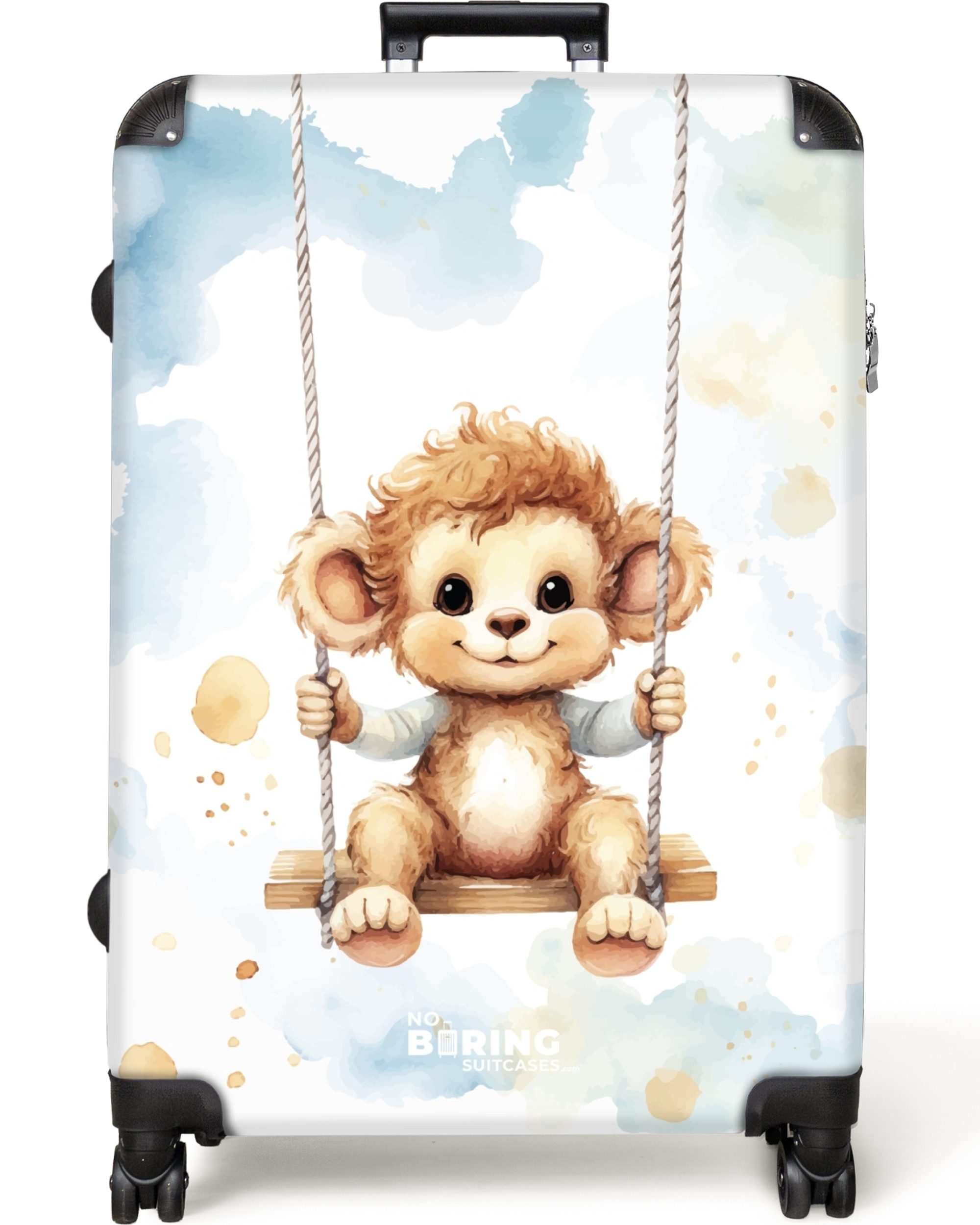 NoBoringSuitcases.com© Kinderkoffer Baby - Aquarell schaukelnder Affe 77 cm - 98 L, 8 Rollen, Großer Reisetasche mit Rollen für 30kg, Kinderkoffer