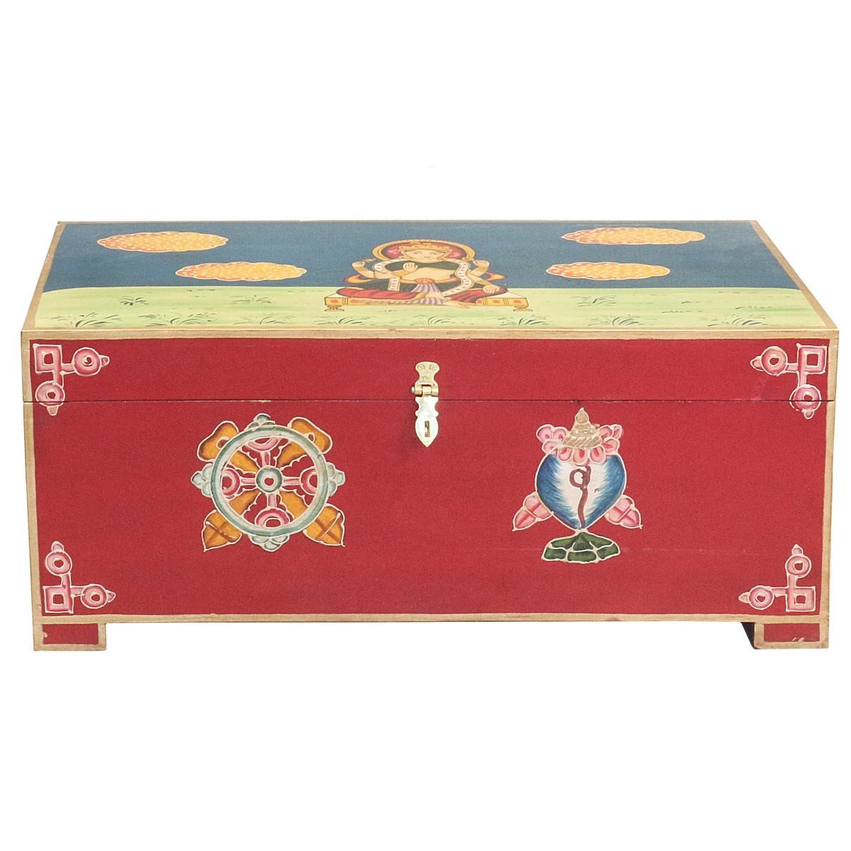 Truhe Indische Truhe Rot mit aufwendiger Buddha Malerei 70 cm