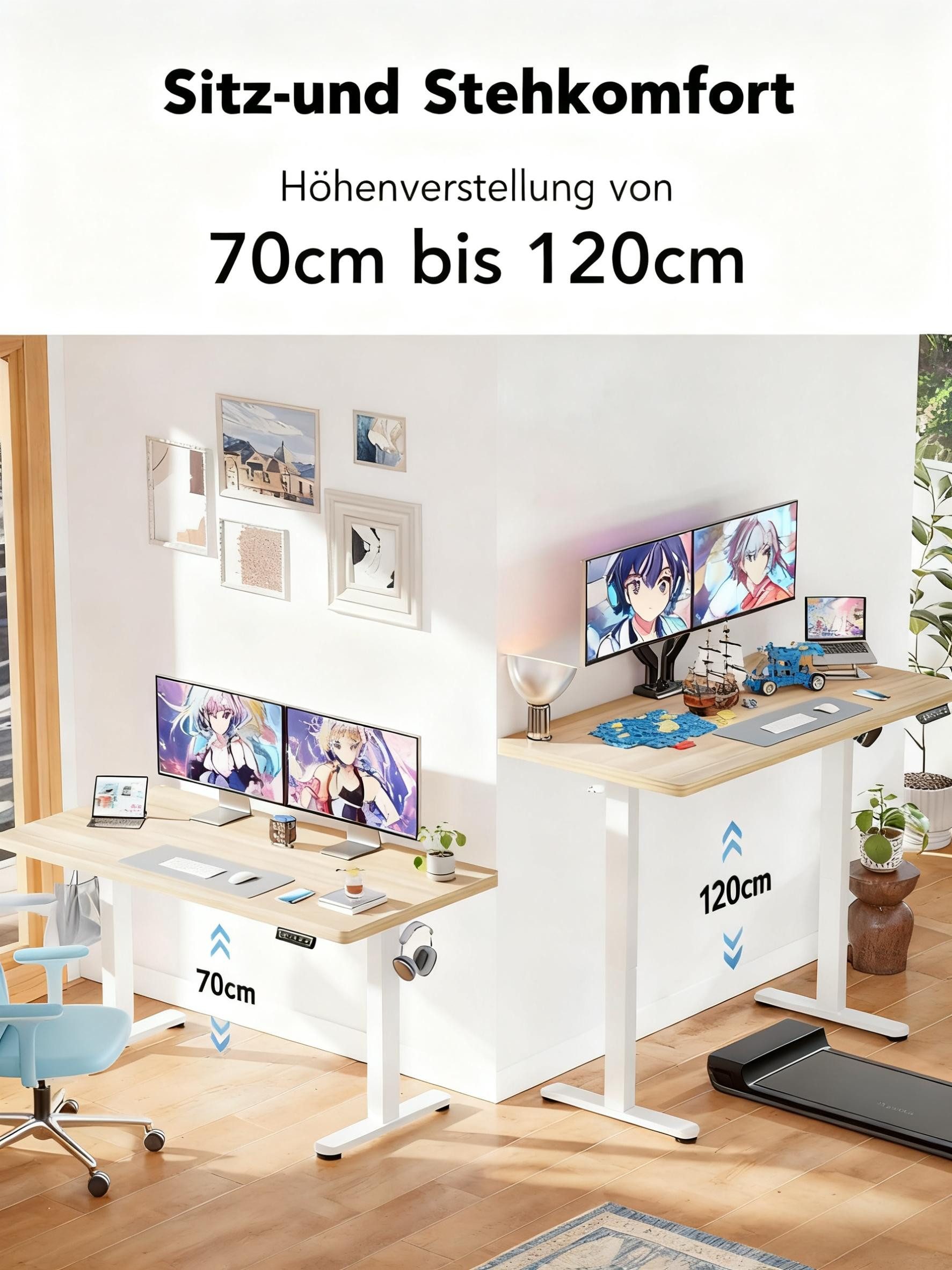 Huanuo Schreibtisch Elektrisch Höhenverstellbarer Schreibtisch (Höhenverstellbarer Schreibtisch 140x80cm), 25MM Ganze Tischplatte mit Bürstenloser Motor