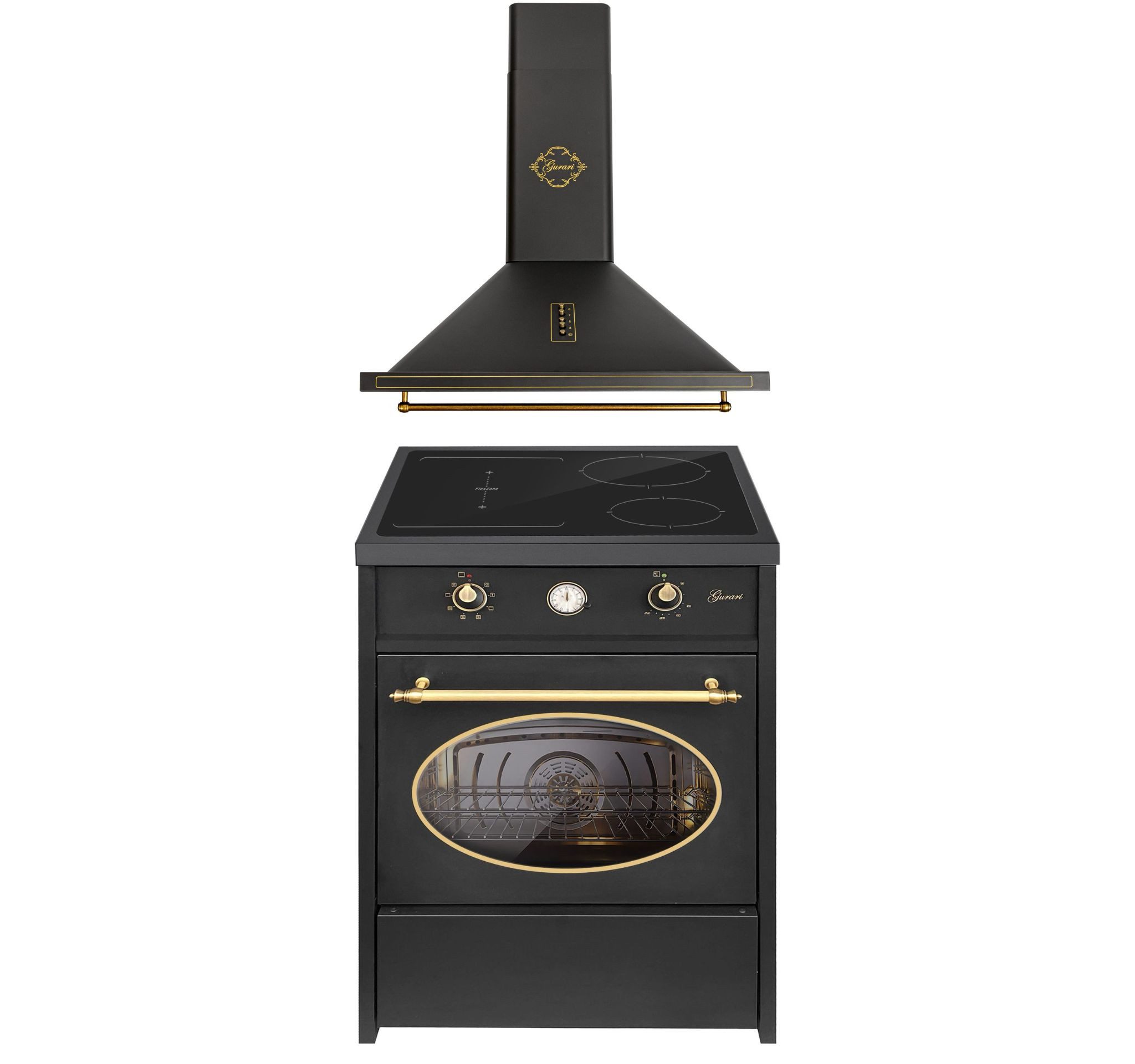 GURARI Induktions-Standherd Retro Induktions Standherd 60 cm, 60 L+Dunstabzugshaube 60cm GCH E 612 BL r+GCH 975 Bl 6., mit 1-fach-Teleskopauszug