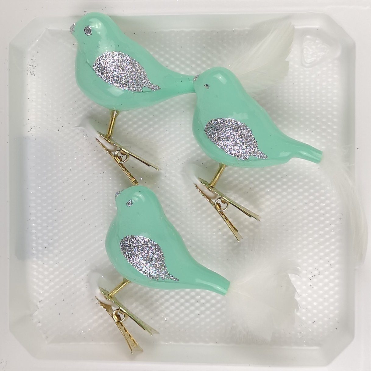 Christbaumschmuck 3 tlg. Glas Vogel Set in Hochglanz Modern Mint Silber
