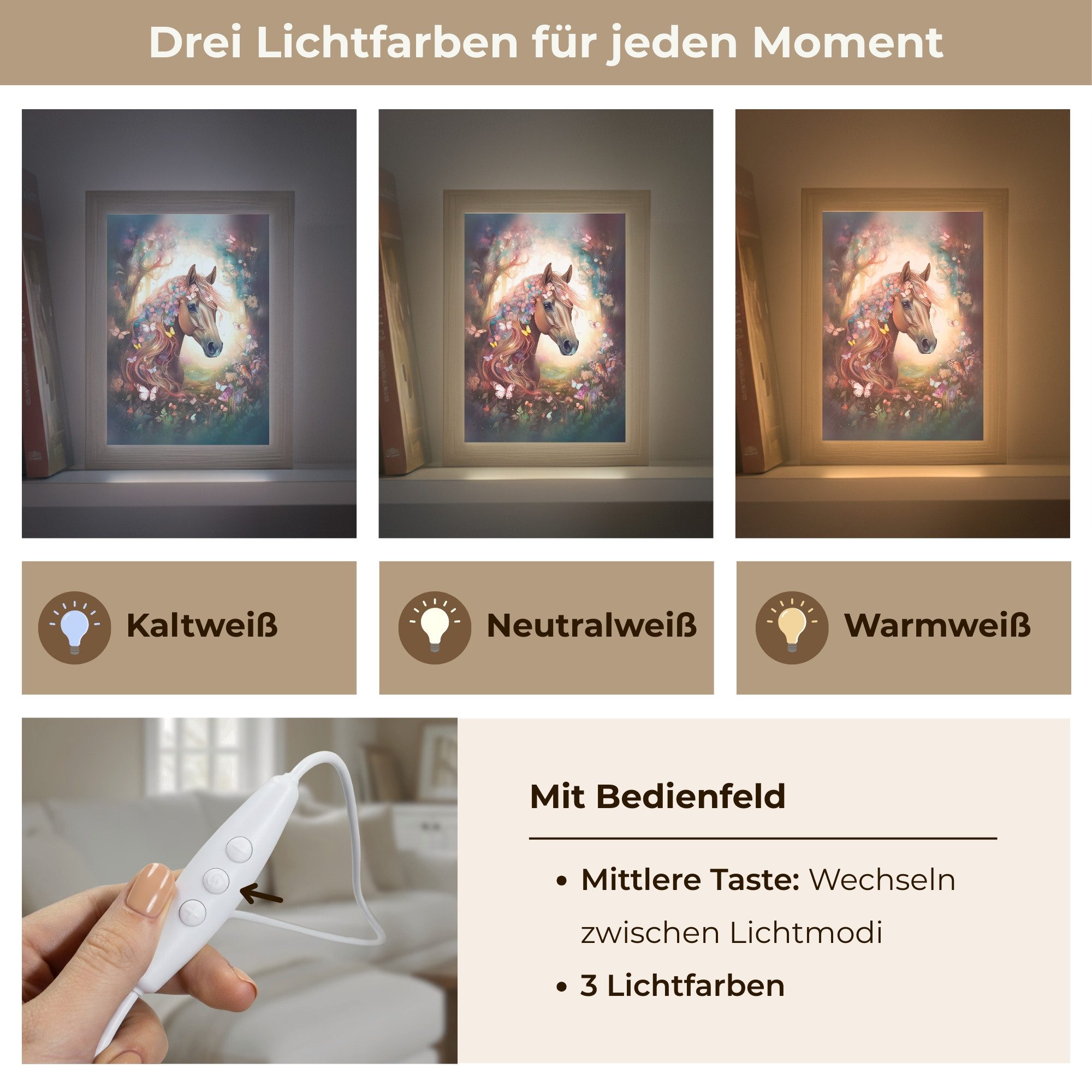 OnlyWow Wandleuchte Lightbox Pferd - Natur - Blumen - Schmetterlinge - Wald - Mädchen, Dimmbar, Farbwechsel, LED, Warmweiß, Kaltweiß, Neutralweiß Einstellbar, W – Bild 5 von 5