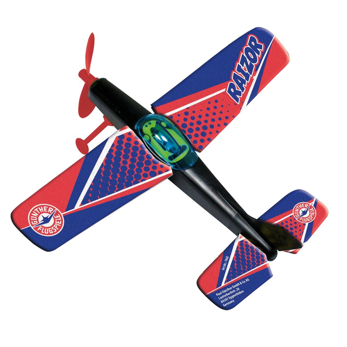 Paul Günther Modellflugzeug Flugmodell Flugzeug Raizor blau/rot 25x22cm Gummiband-Antrieb