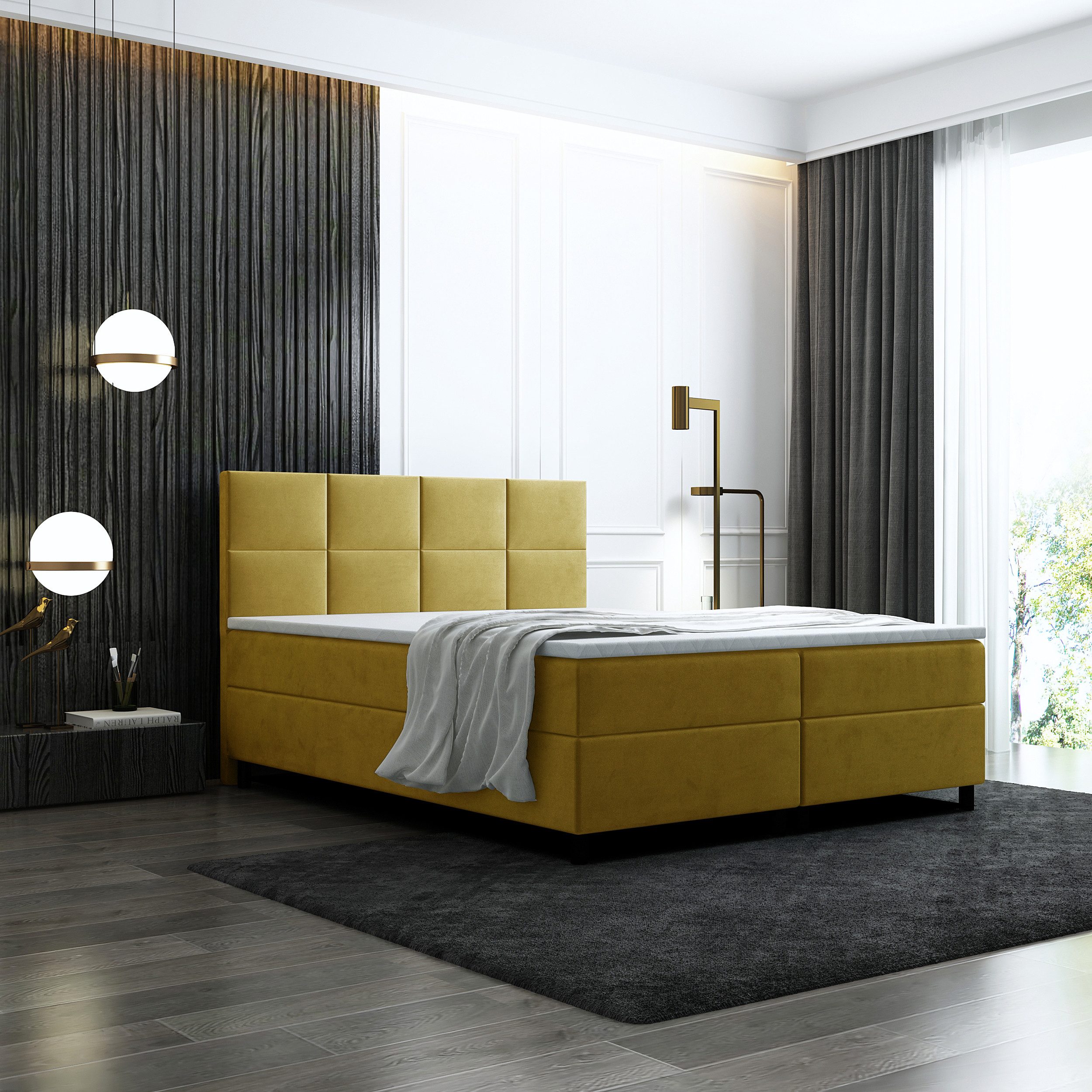 thematys Boxspringbett Luxus mit Bettkasten 140x200–180x200cm - Velours Bezug (Polsterbett Bonnellfederkern Matratze H3 + Gratis 3cm Topper, – Doppelbett mit Stauraum - Boxbett)