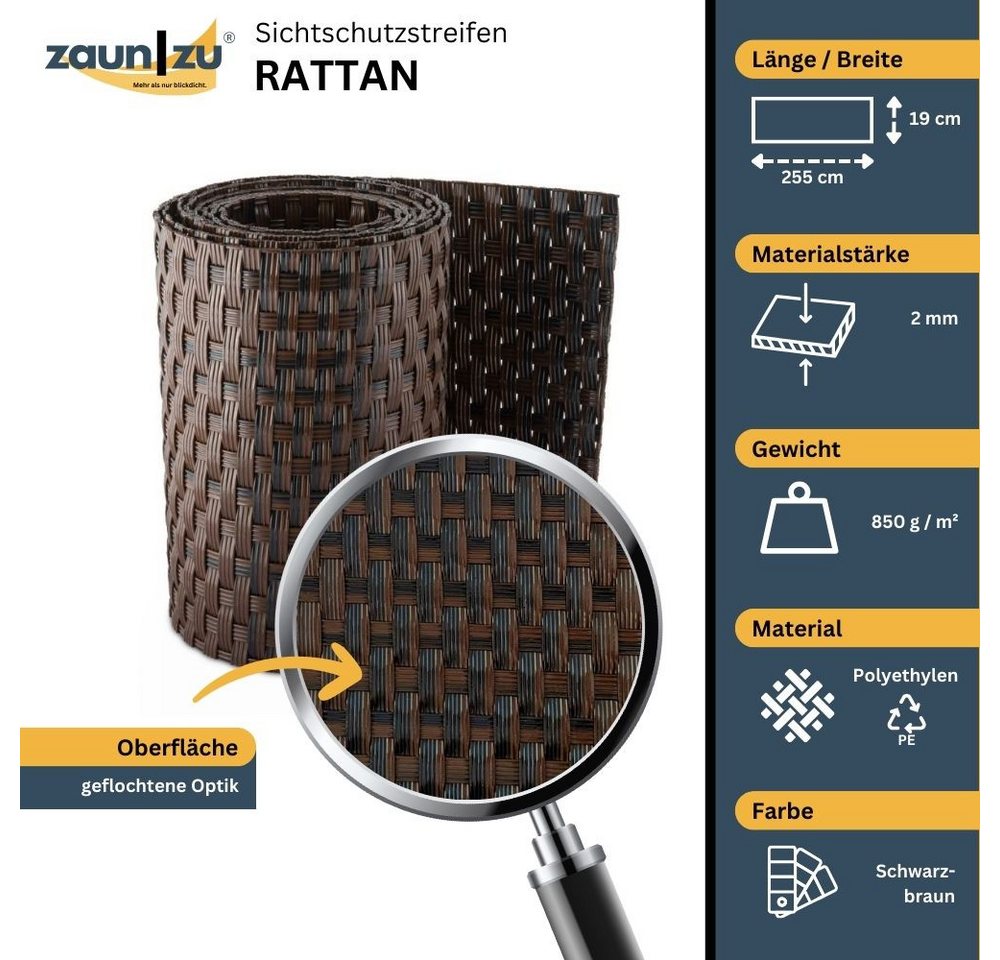 Thumbnail - zaunzu Sichtschutzstreifen Rattan Einzelstreifen für Doppelstabmatten Schwarzbraun 2,55m, (Einzelstreifen, 1), PE für Do...
