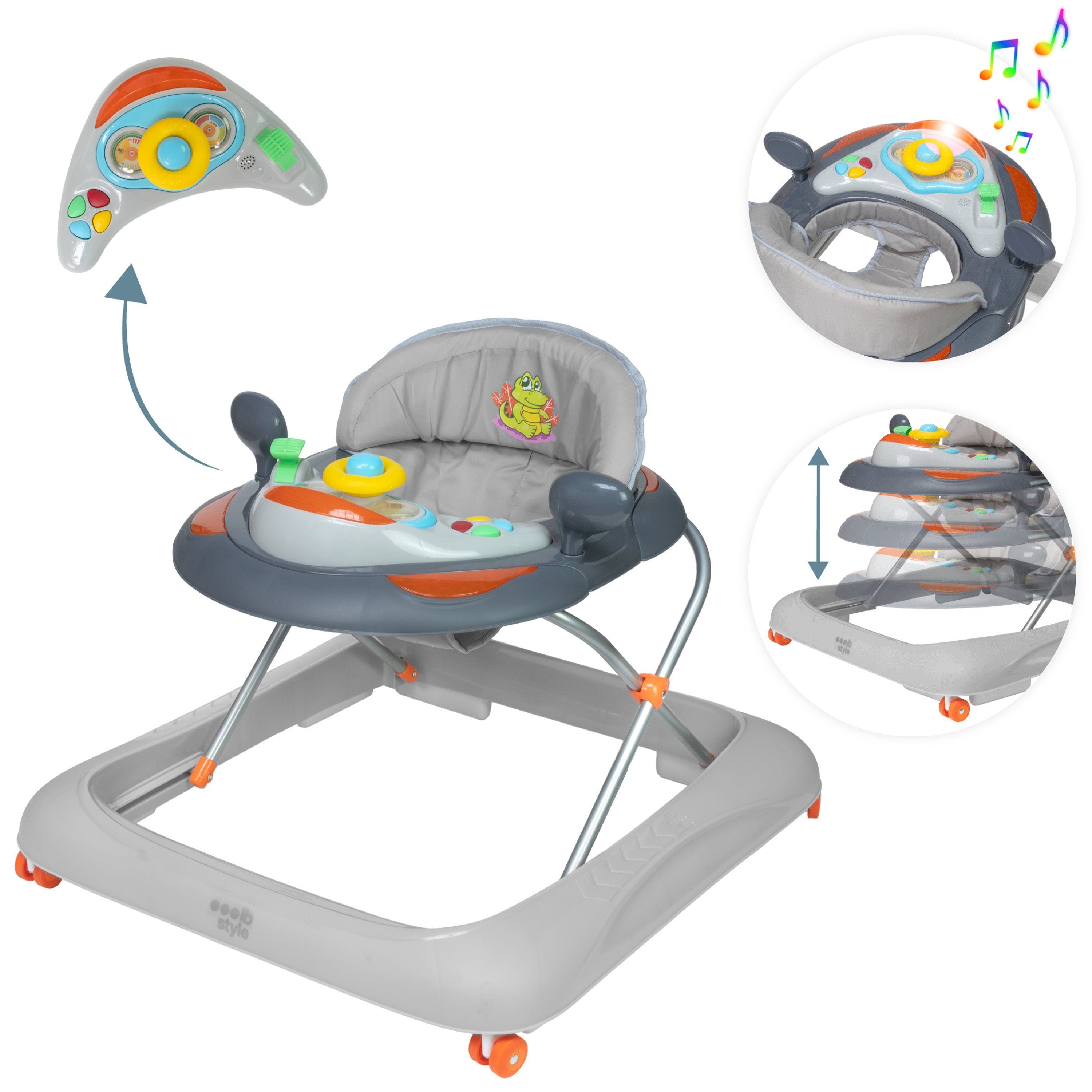 ib style Lauflernhilfe Little Cabrio Babywalker Grau, Lauflernwagen mit Licht & Melodie