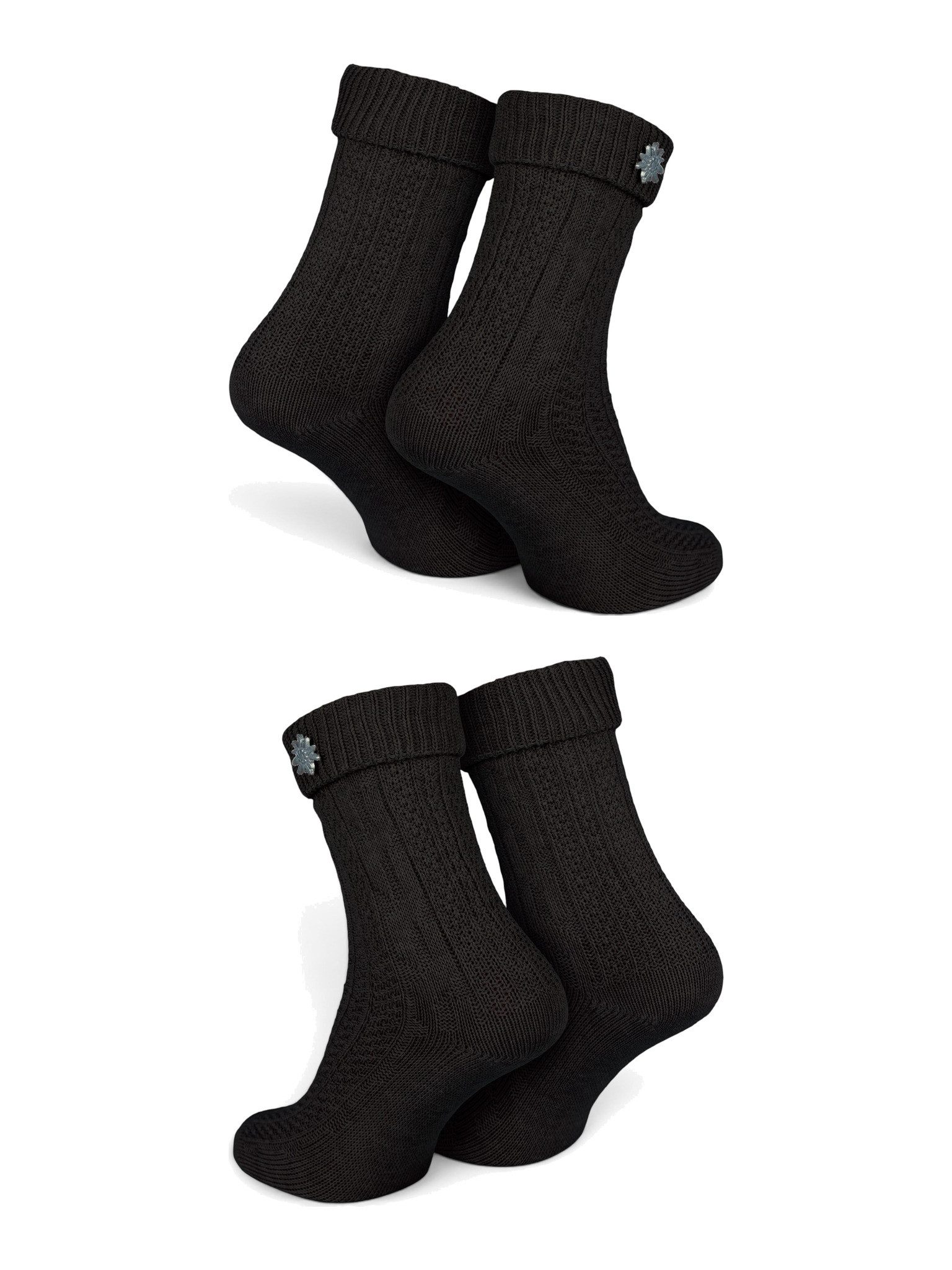 Black Snake Trachtensocken Oktoberfest-Schoppersocken mit Edelweiß-Pin für Damen und Herren (Socken-Set, 2-Paar, Schwarz 43/46) Abnehmbarer Anstecker mit Zopfmu – Bild 4 von 5