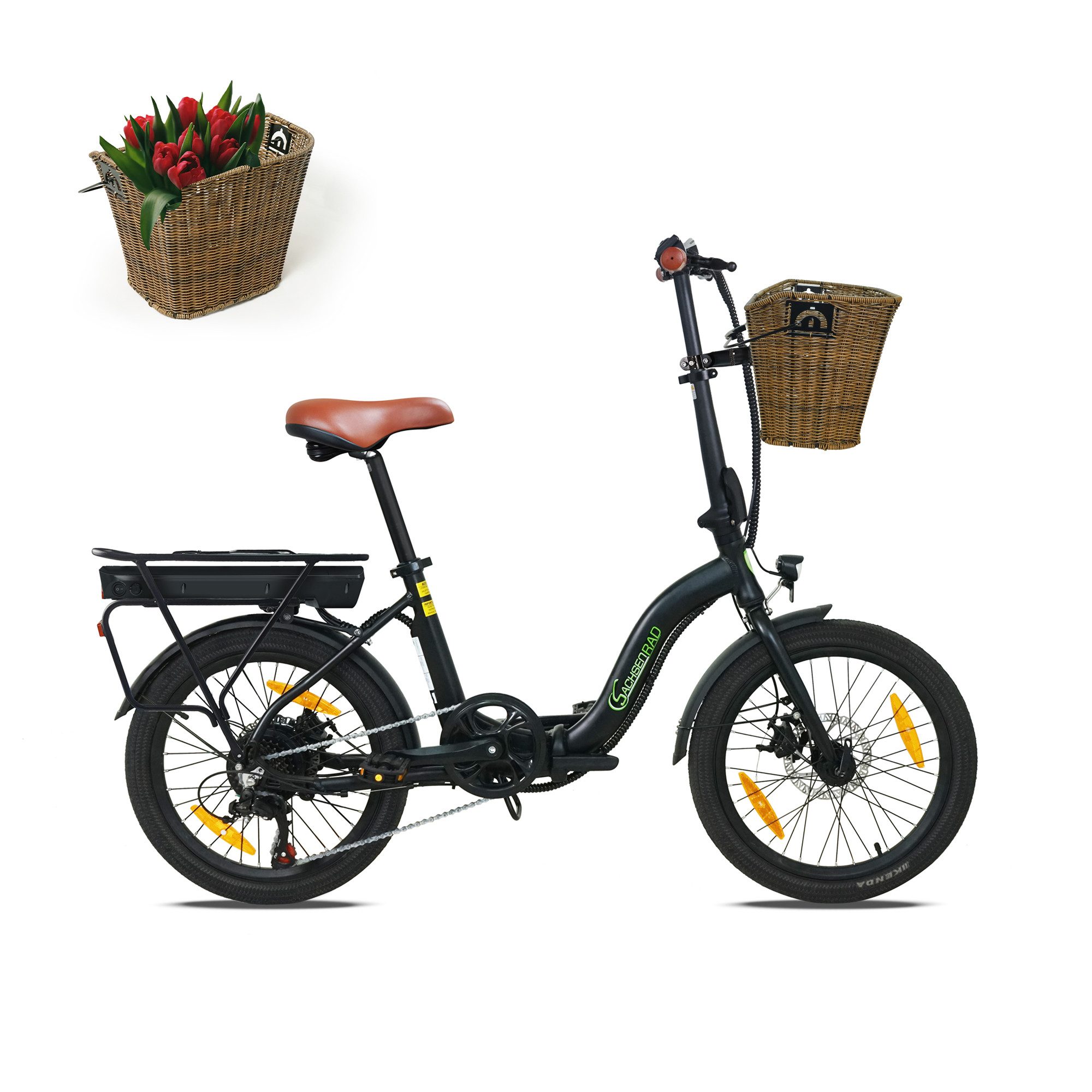 SachsenRAD E-Bike Faltrad Faltrad F2 Farmers mit Korb und Alarmanlage, 7 Gang Shimano, Kettenschaltung, Heckmotor, 468 Wh