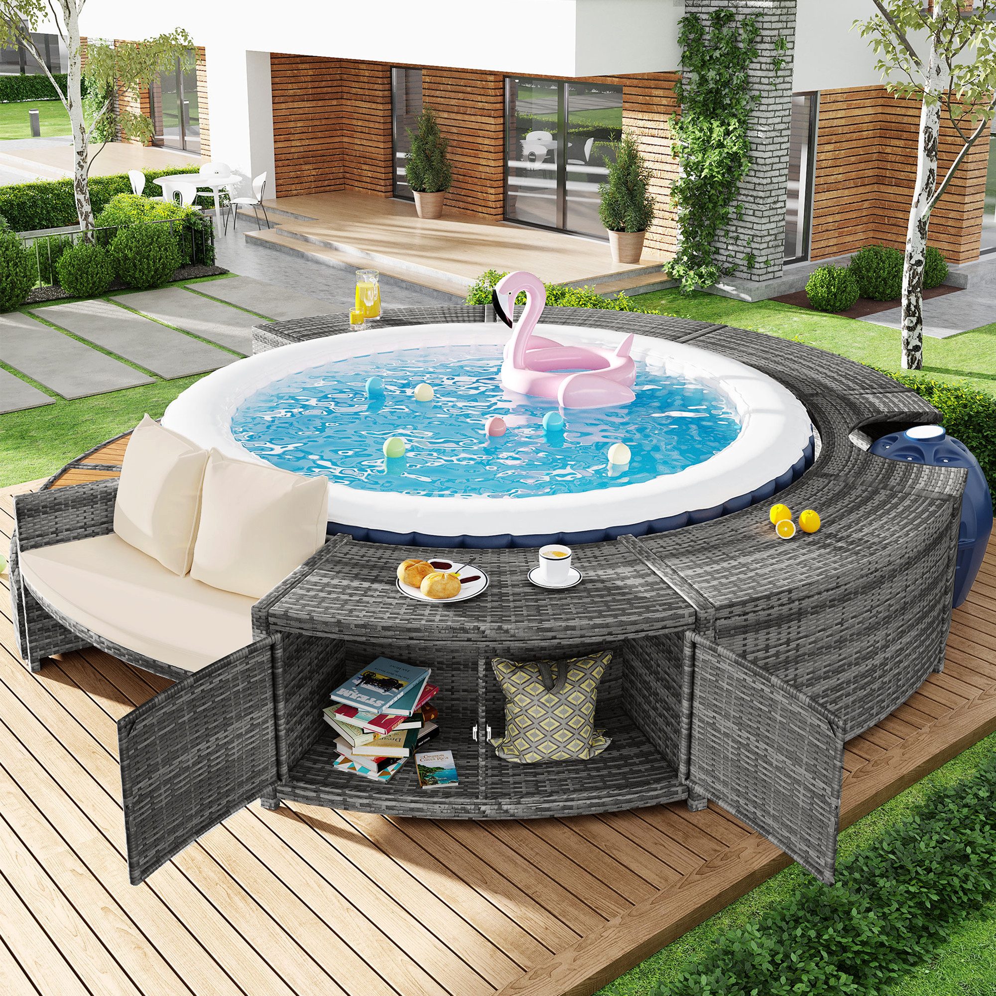 Rutaqian Gartenlounge-Set Garten-Lounge-Set mit runder Couch, Gartenmöbel-Set, Lounge-Set, (für Whirlpool und Pool, mit verstellbaren Füßen, inklusive Kissen), Möbel für Terrasse, Garten oder Poolbereich