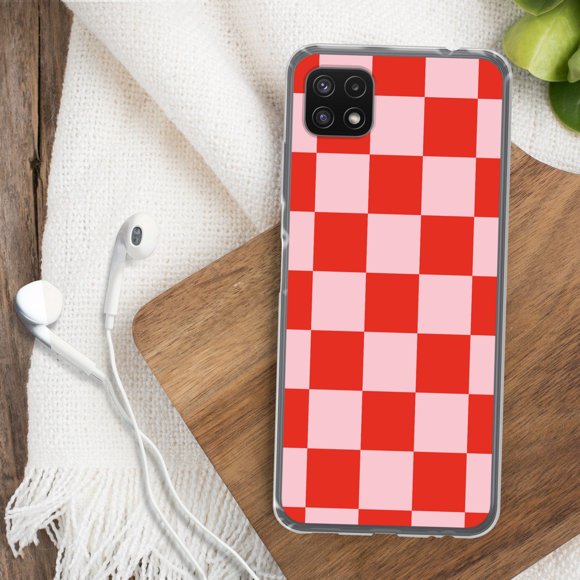 MuchoWow Handyhülle für Samsung Galaxy A22 5G Schachbrettmuster - Rot - Rosa - Würfel, Smartphone-Bumper, Print, Handy Schutzhülle Dünn